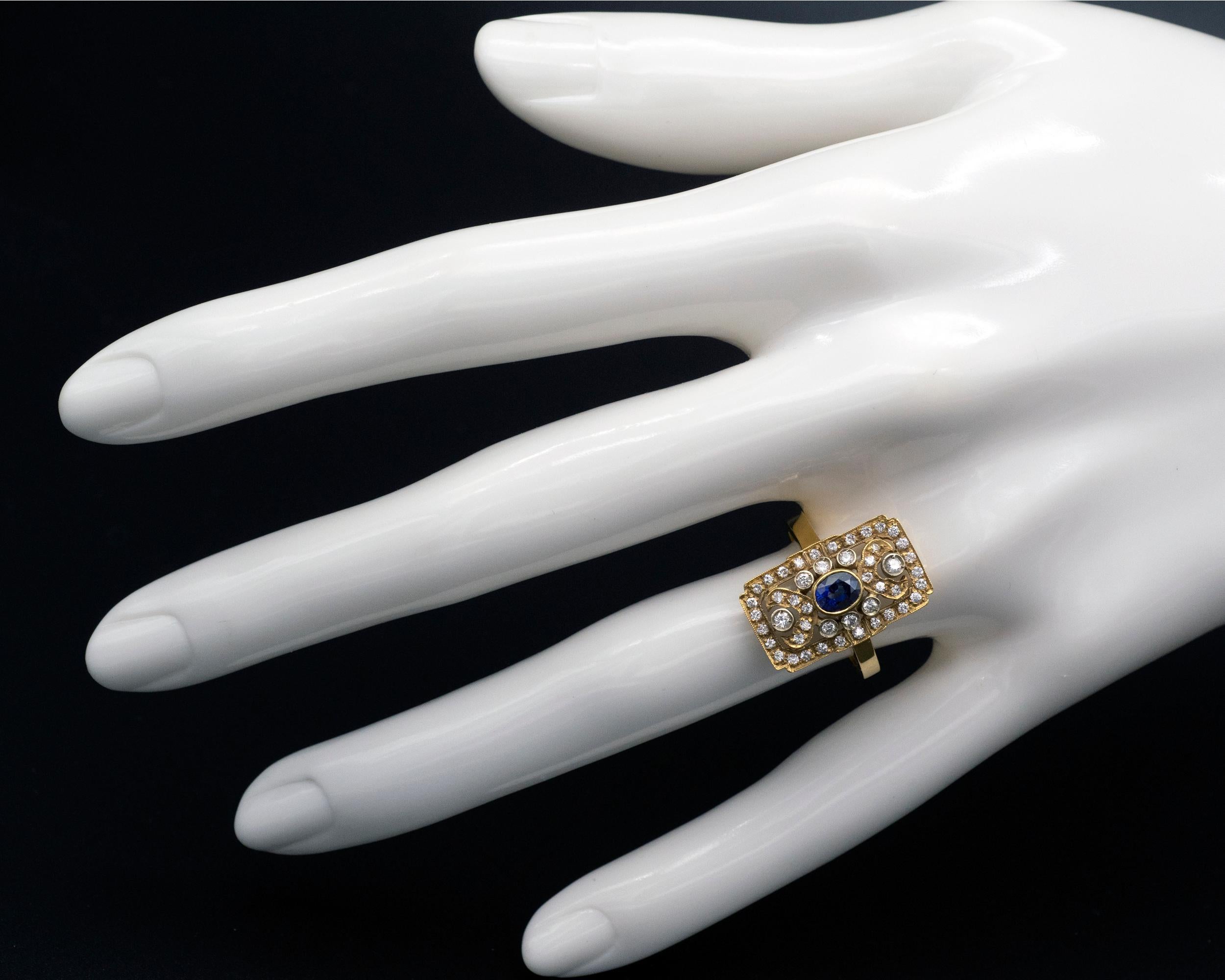 Art Deco Style Sapphire Diamond and 18 Karat Gold Ring In New Condition For Sale In Monte Carlo, MC