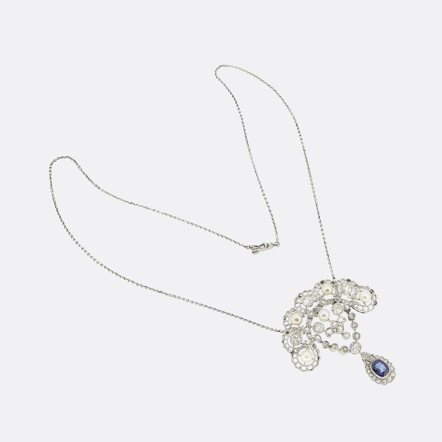 Round Cut Art Deco Sapphire Diamond and Pearl Necklace For Sale
