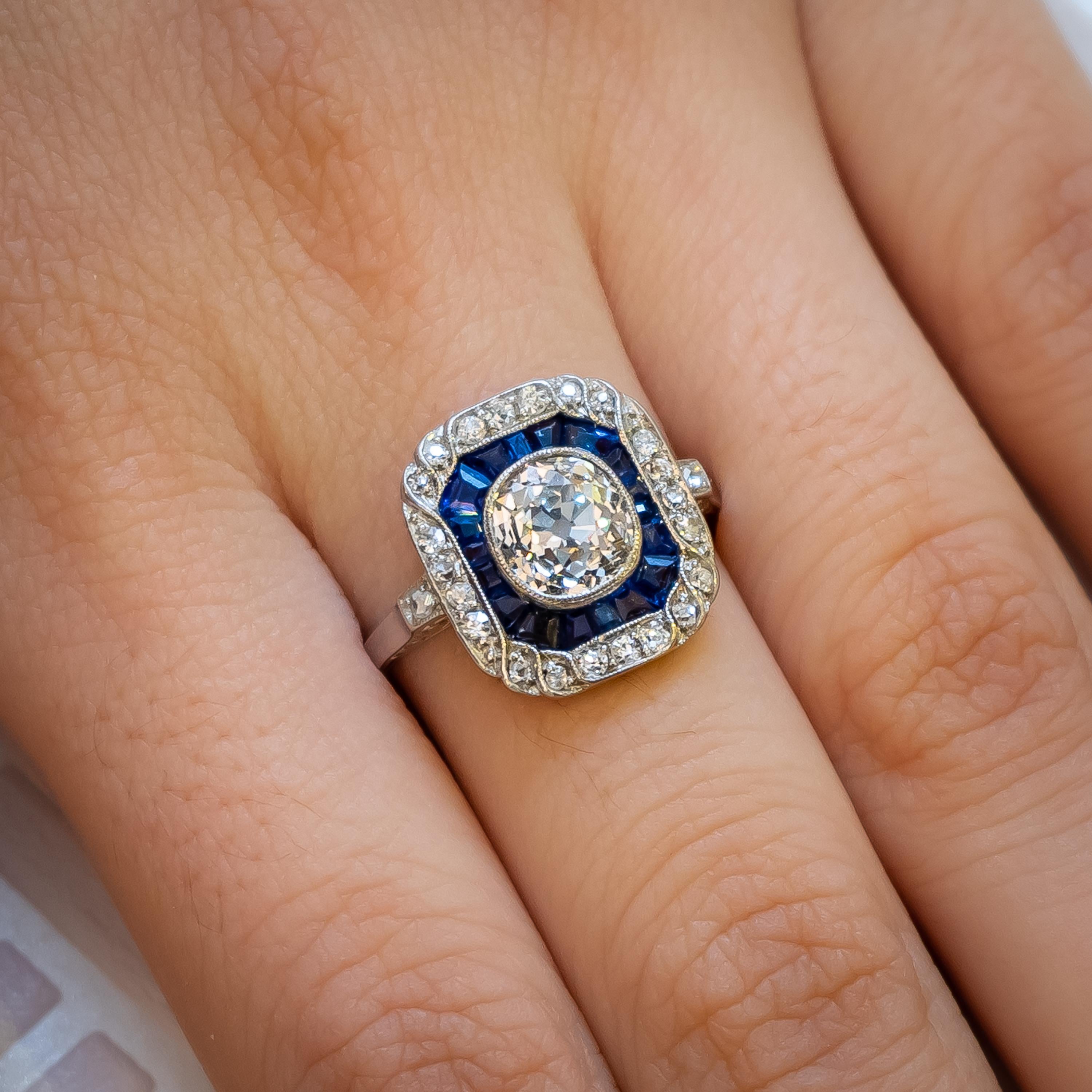 Women's Art Deco Sapphire, Diamond and Platinum Ring, 1.30 Carat For Sale