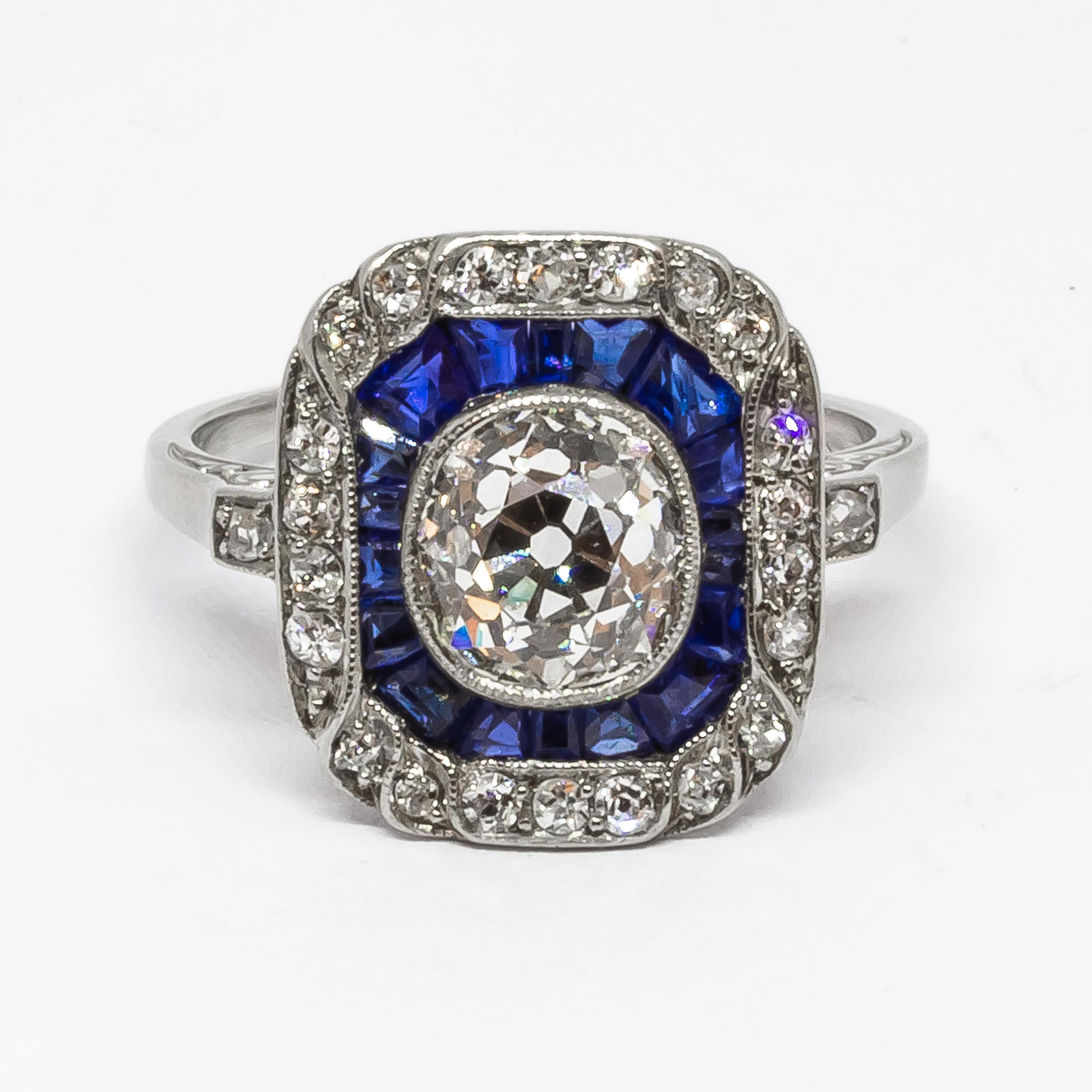 Art Deco Sapphire, Diamond and Platinum Ring, 1.30 Carat For Sale 1
