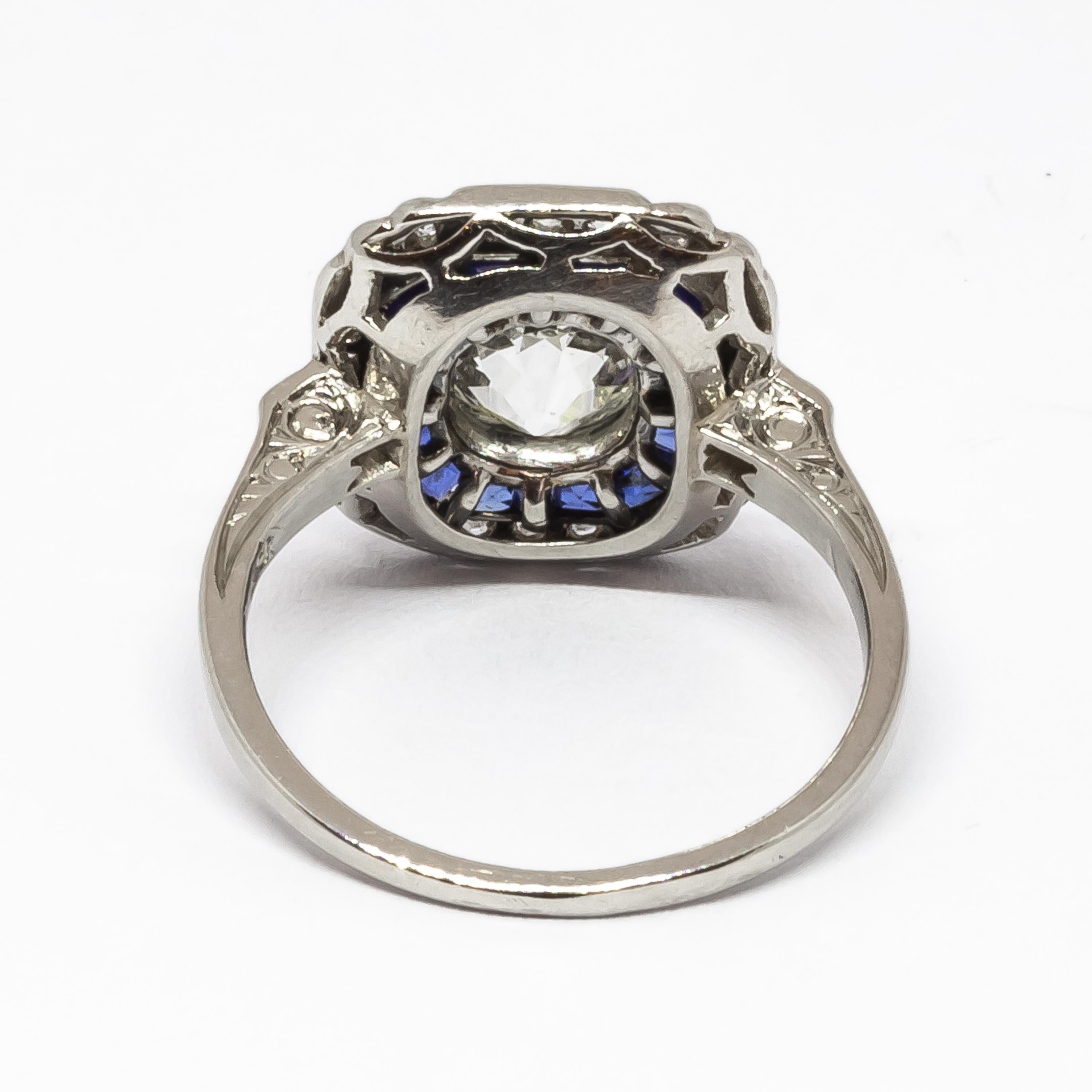 Bague Art déco en saphir, diamant et platine, 1,30 carat en vente 2