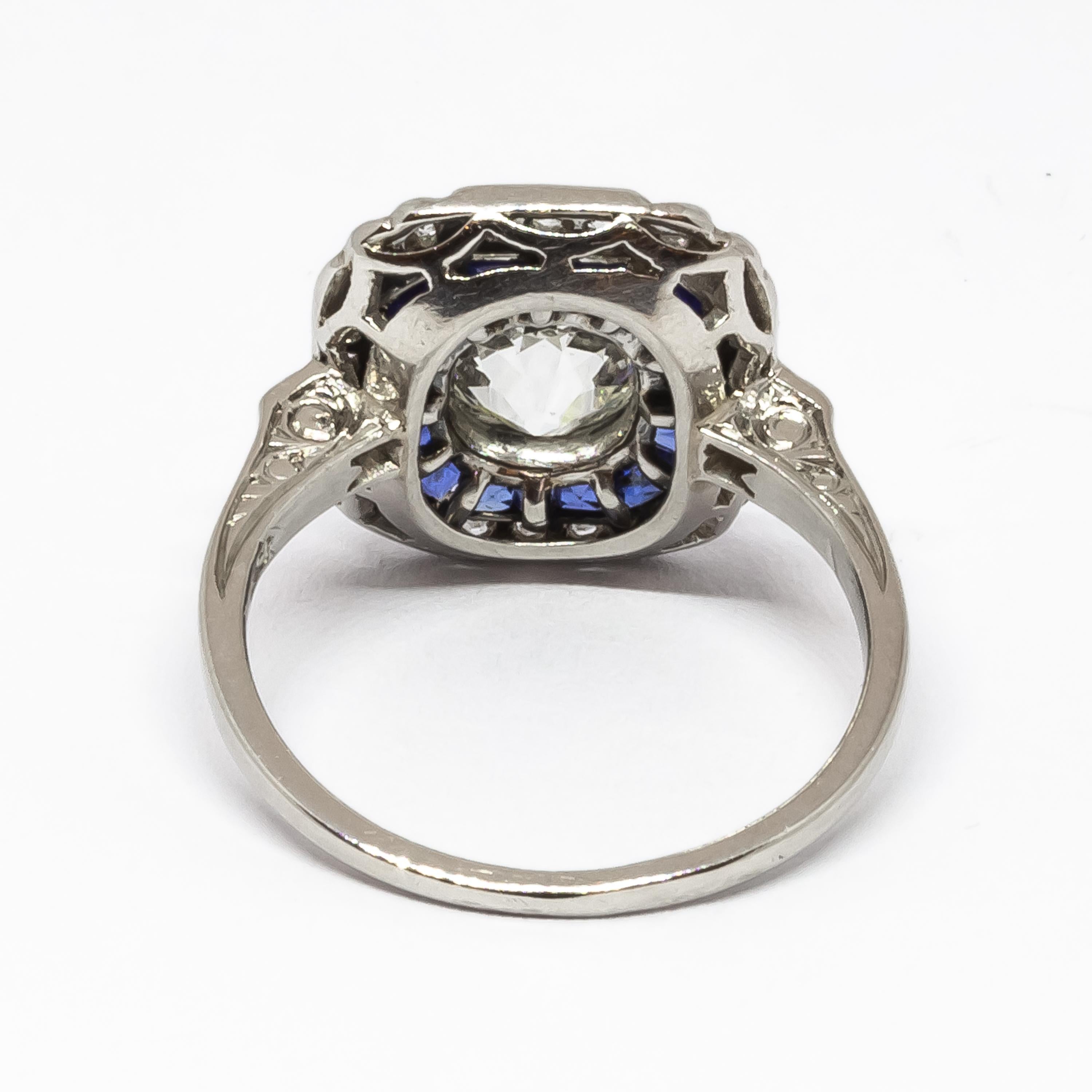 Art Deco Sapphire, Diamond and Platinum Ring, 1.30 Carat For Sale 3