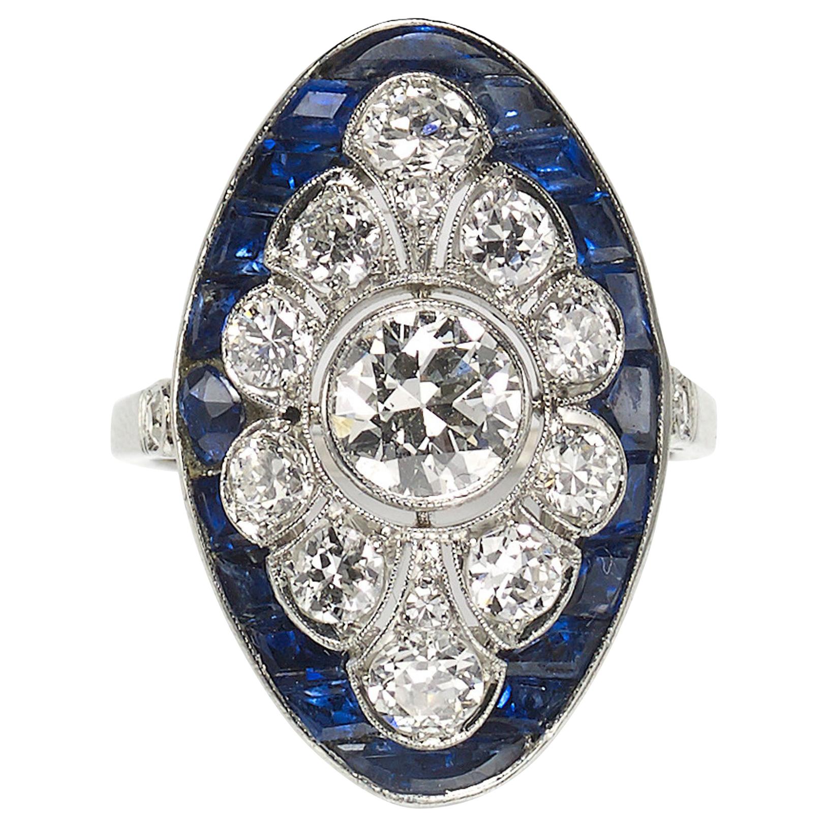 Art-Déco-Ring aus Platin mit Saphiren, Diamanten und Platin, um 1930