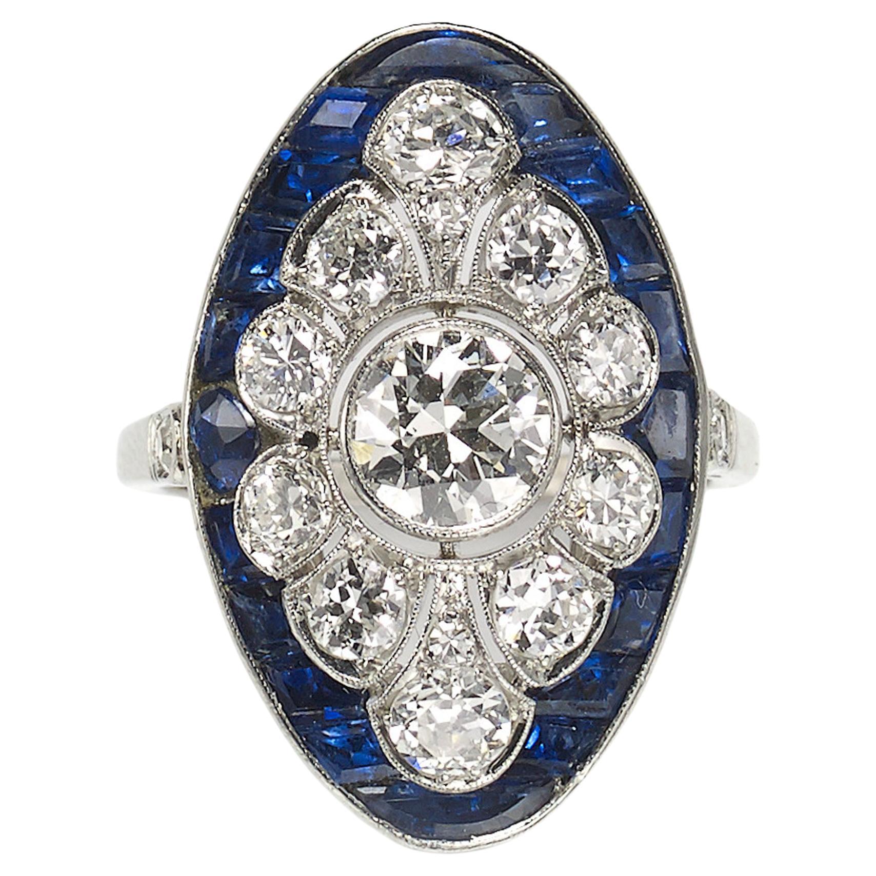 Art-Déco-Ring aus Platin mit Saphiren, Diamanten und Platin, um 1930