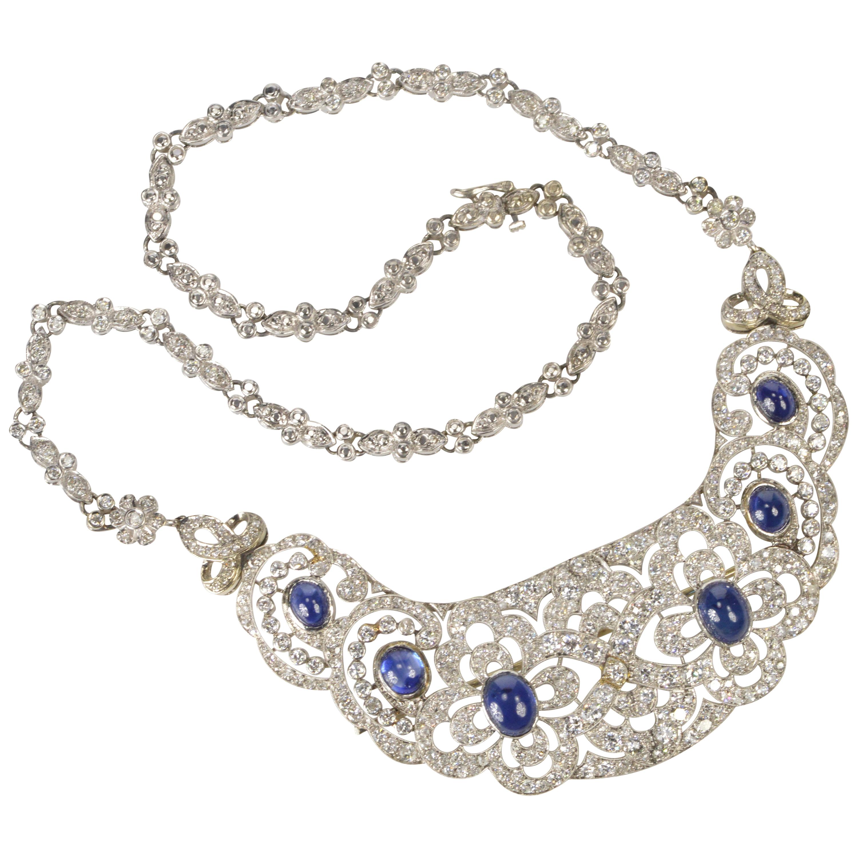 Art Deco Sapphire Diamond Bib Necklace For Sale