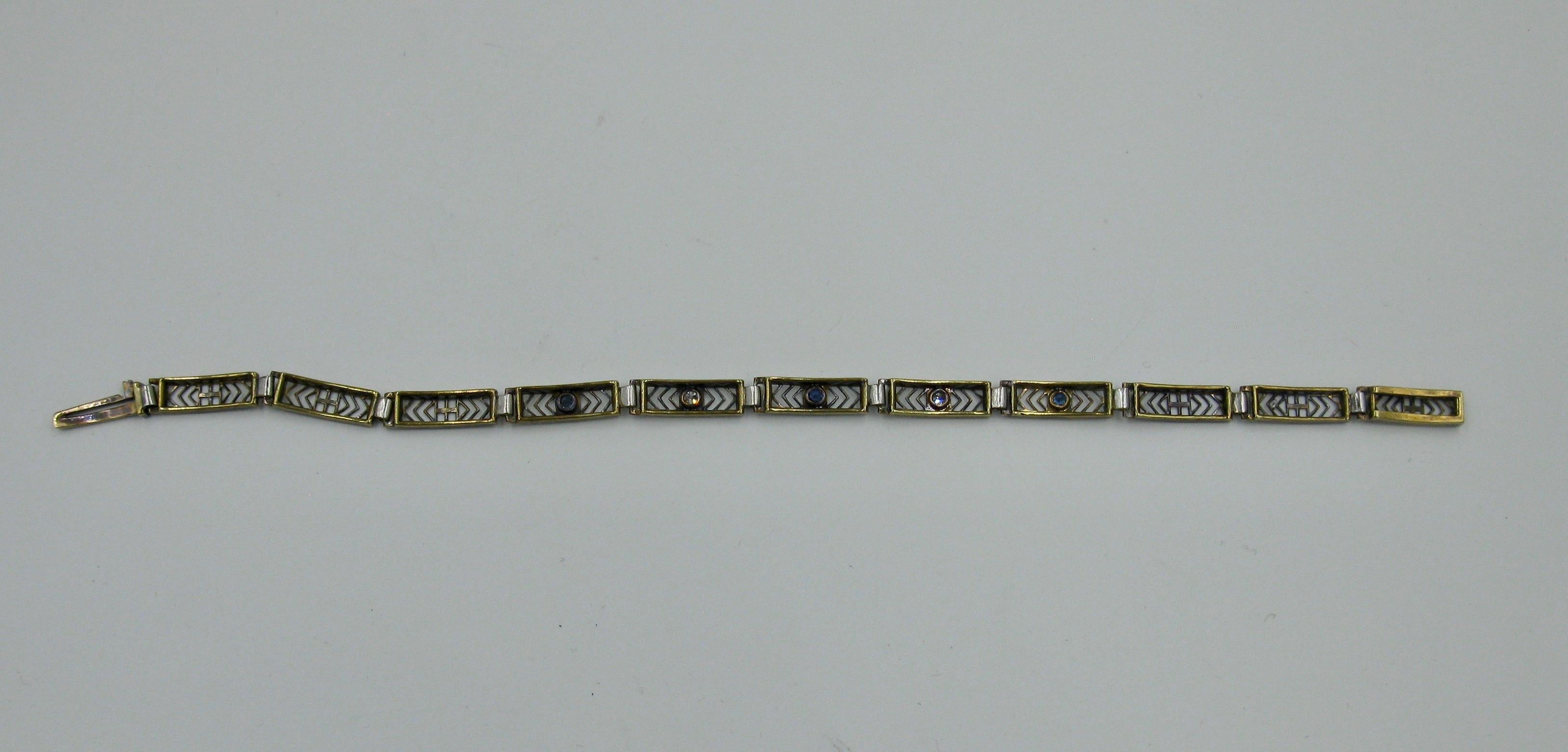 Art Deco Sapphire GH VS Old Mine Diamond Bracelet 14 Karat White Gold Edwardian For Sale 7