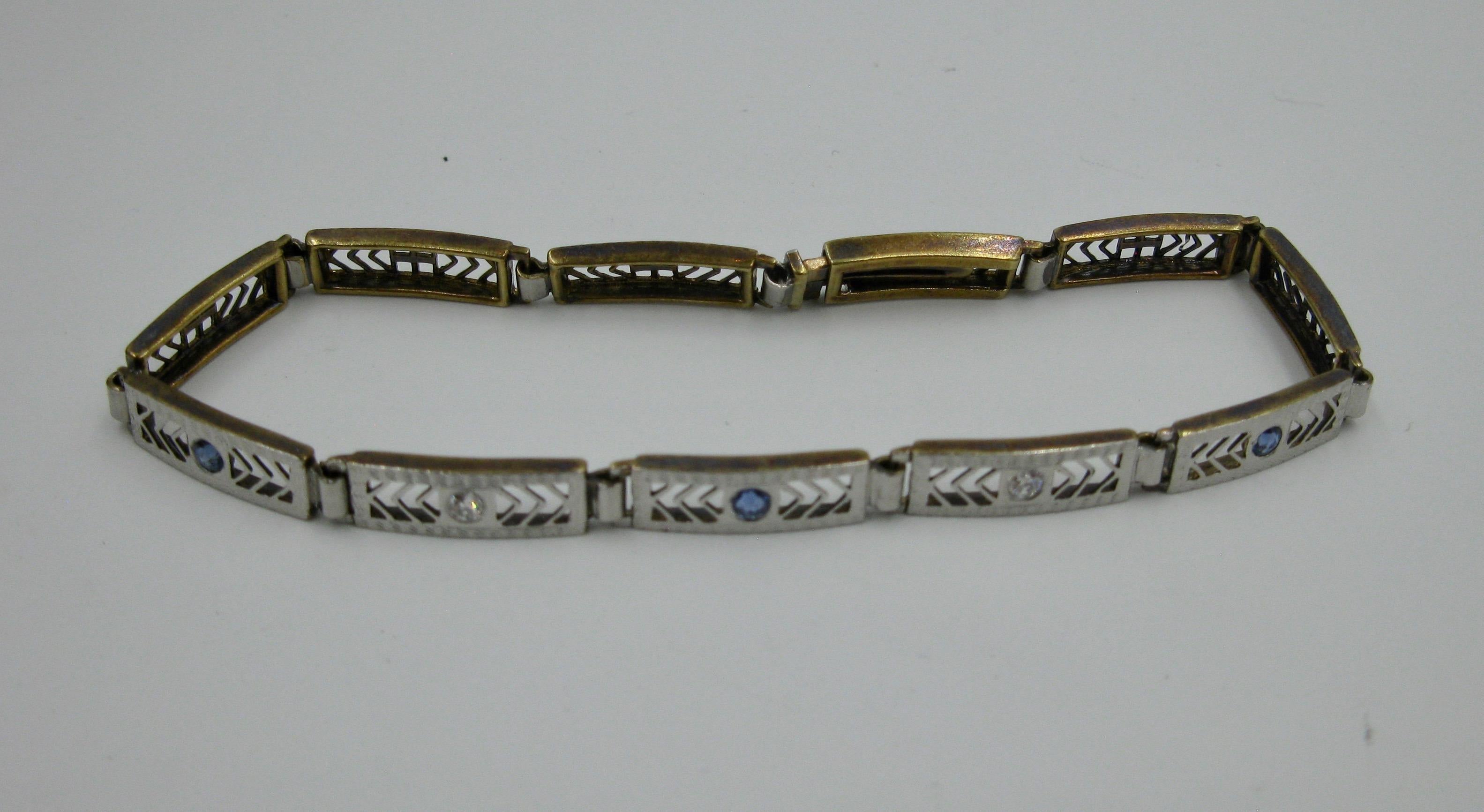 Art Deco Sapphire GH VS Old Mine Diamond Bracelet 14 Karat White Gold Edwardian For Sale 9