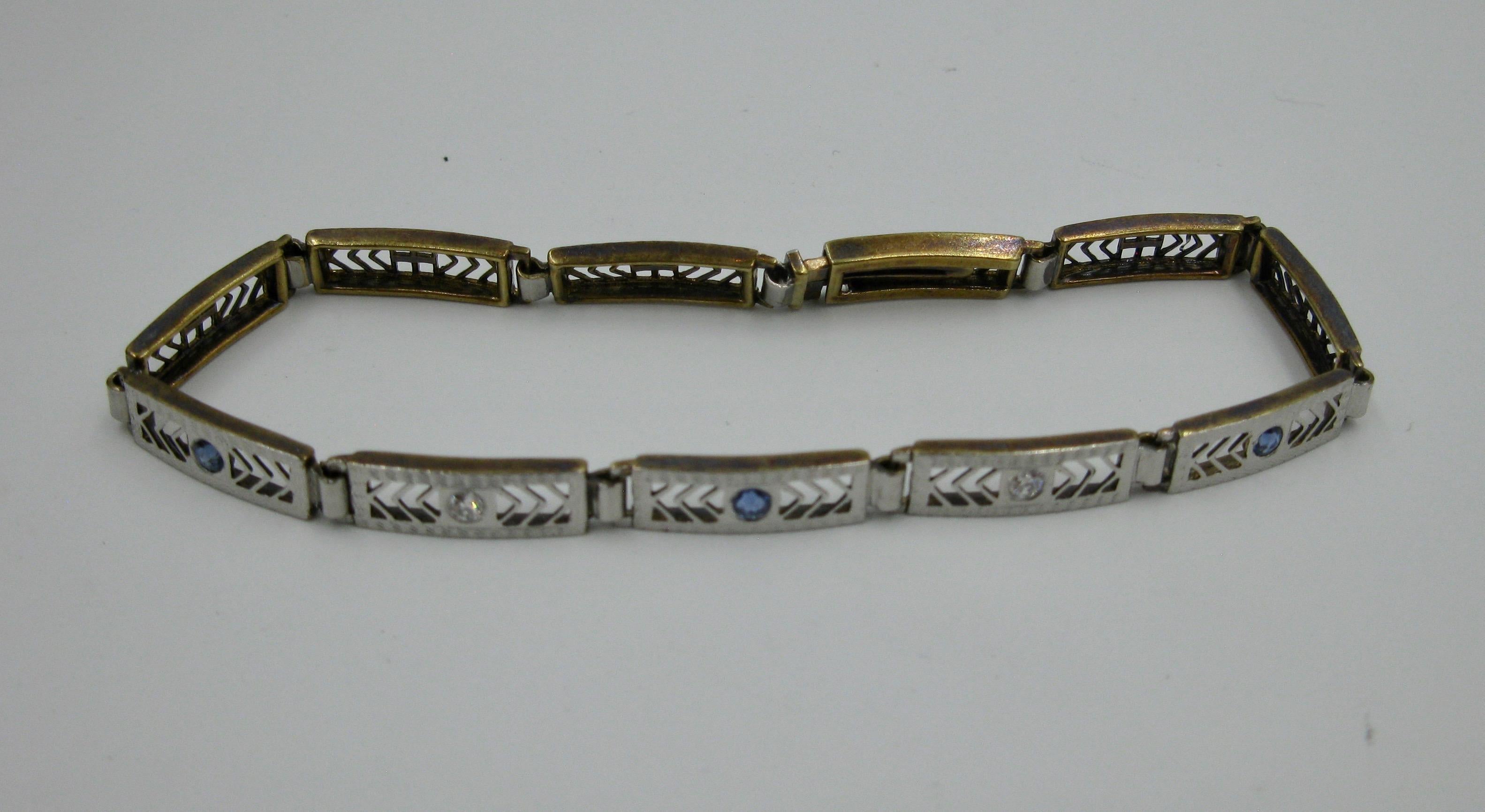 Bracelet Art Déco en or blanc 14 carats avec saphir GH VS et diamants taille vieille mine de style édouardien en vente 8