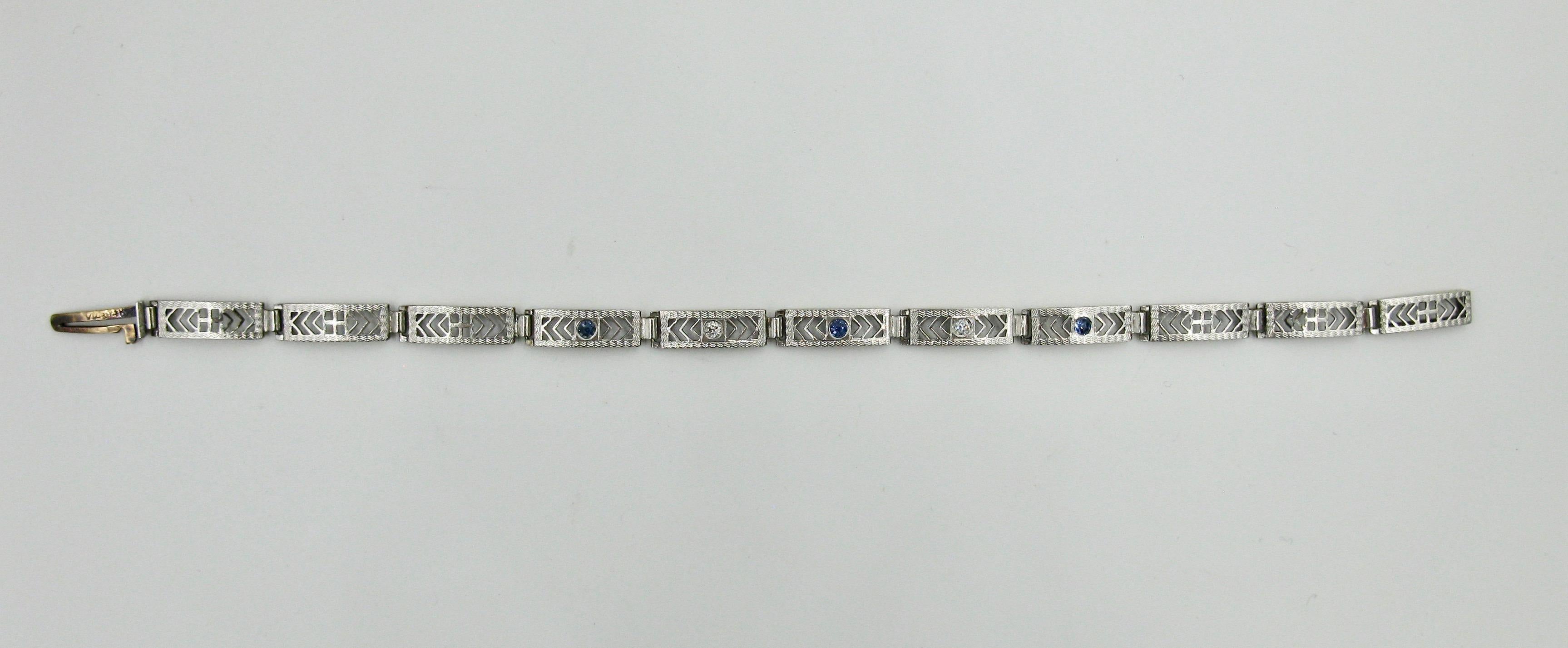 Art Deco Sapphire GH VS Old Mine Diamond Bracelet 14 Karat White Gold Edwardian In Good Condition For Sale In New York, NY