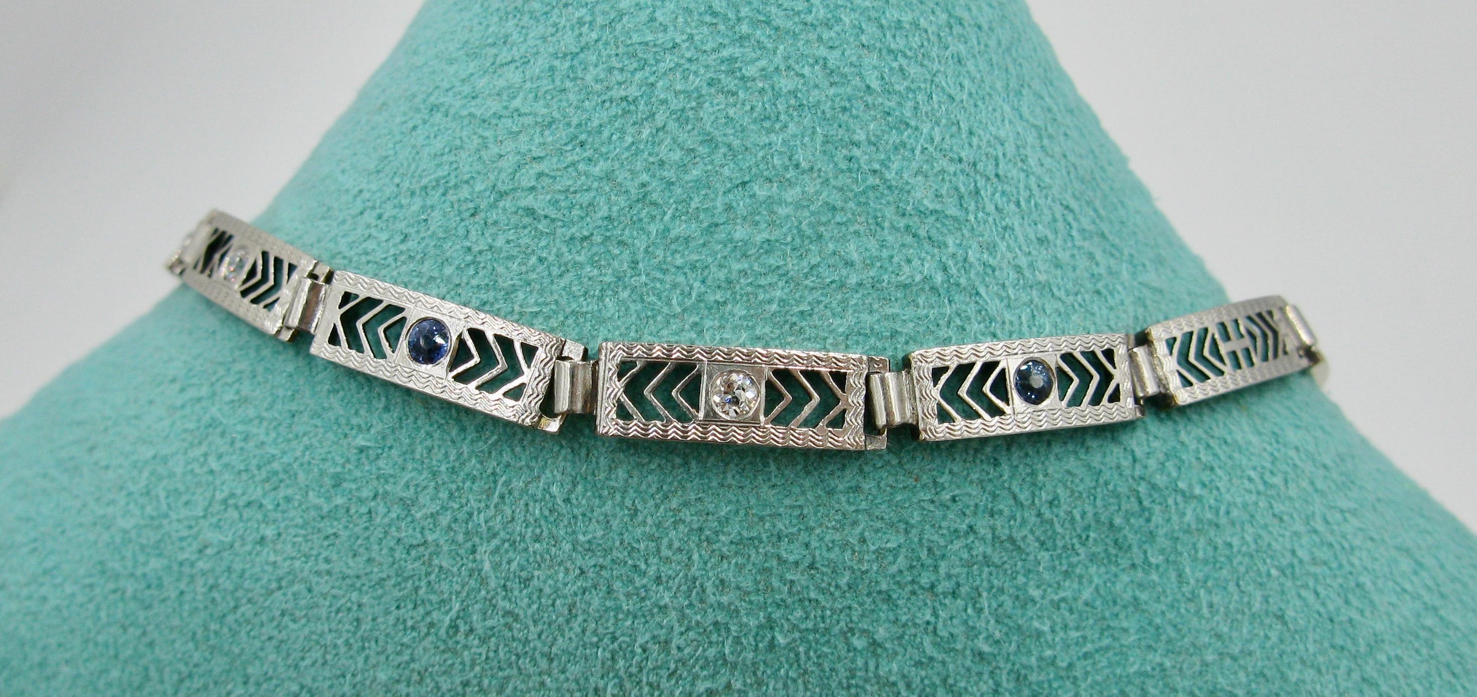 Women's Art Deco Sapphire GH VS Old Mine Diamond Bracelet 14 Karat White Gold Edwardian For Sale