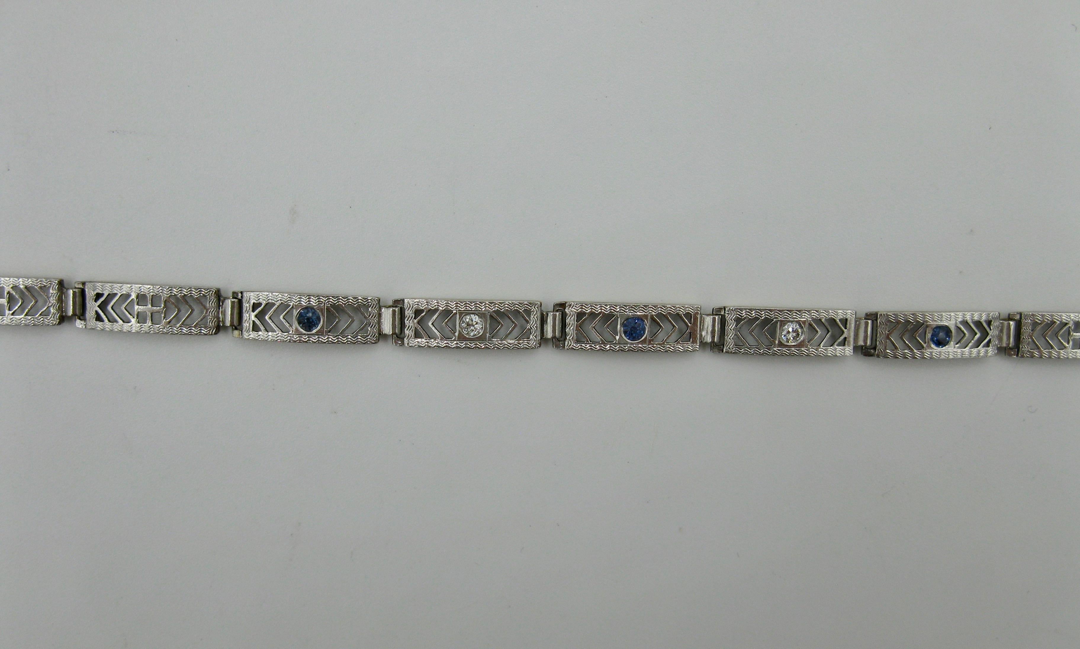 Art Deco Sapphire GH VS Old Mine Diamond Bracelet 14 Karat White Gold Edwardian For Sale 1