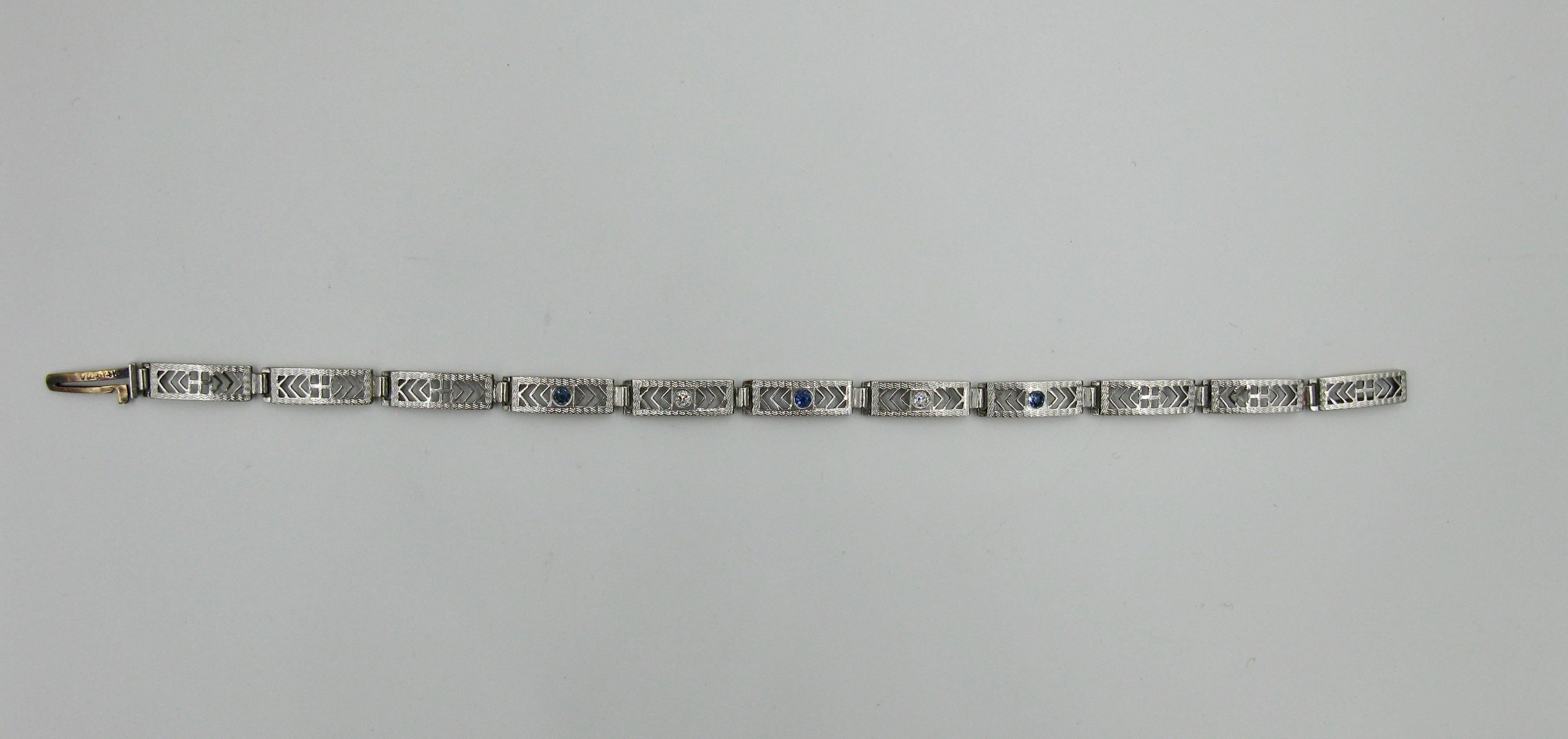 Art Deco Sapphire GH VS Old Mine Diamond Bracelet 14 Karat White Gold Edwardian For Sale 2