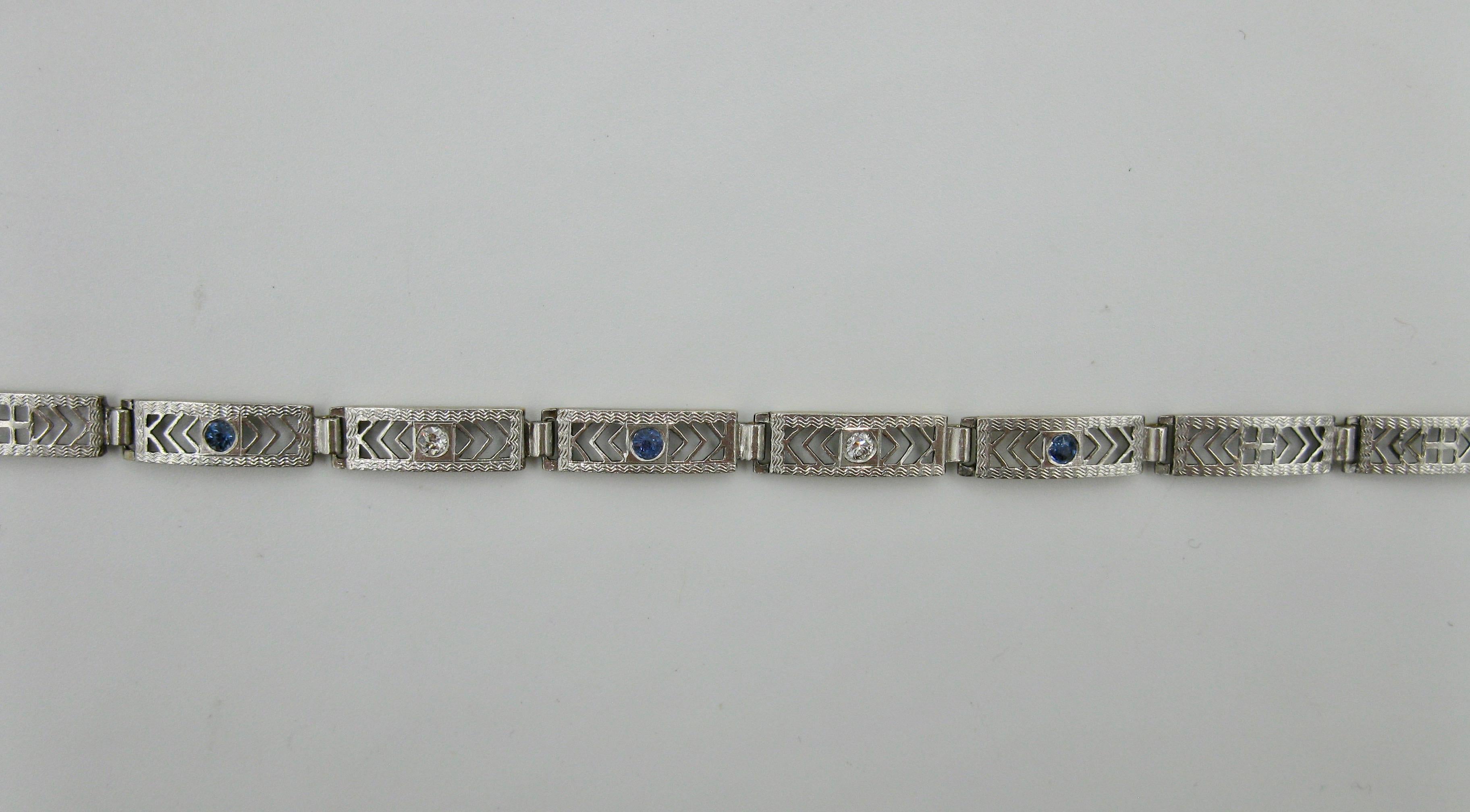 Art Deco Sapphire GH VS Old Mine Diamond Bracelet 14 Karat White Gold Edwardian For Sale 3