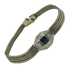 Art Deco Sapphire Diamond Bracelet 14 Karat White Gold Mesh Edwardian