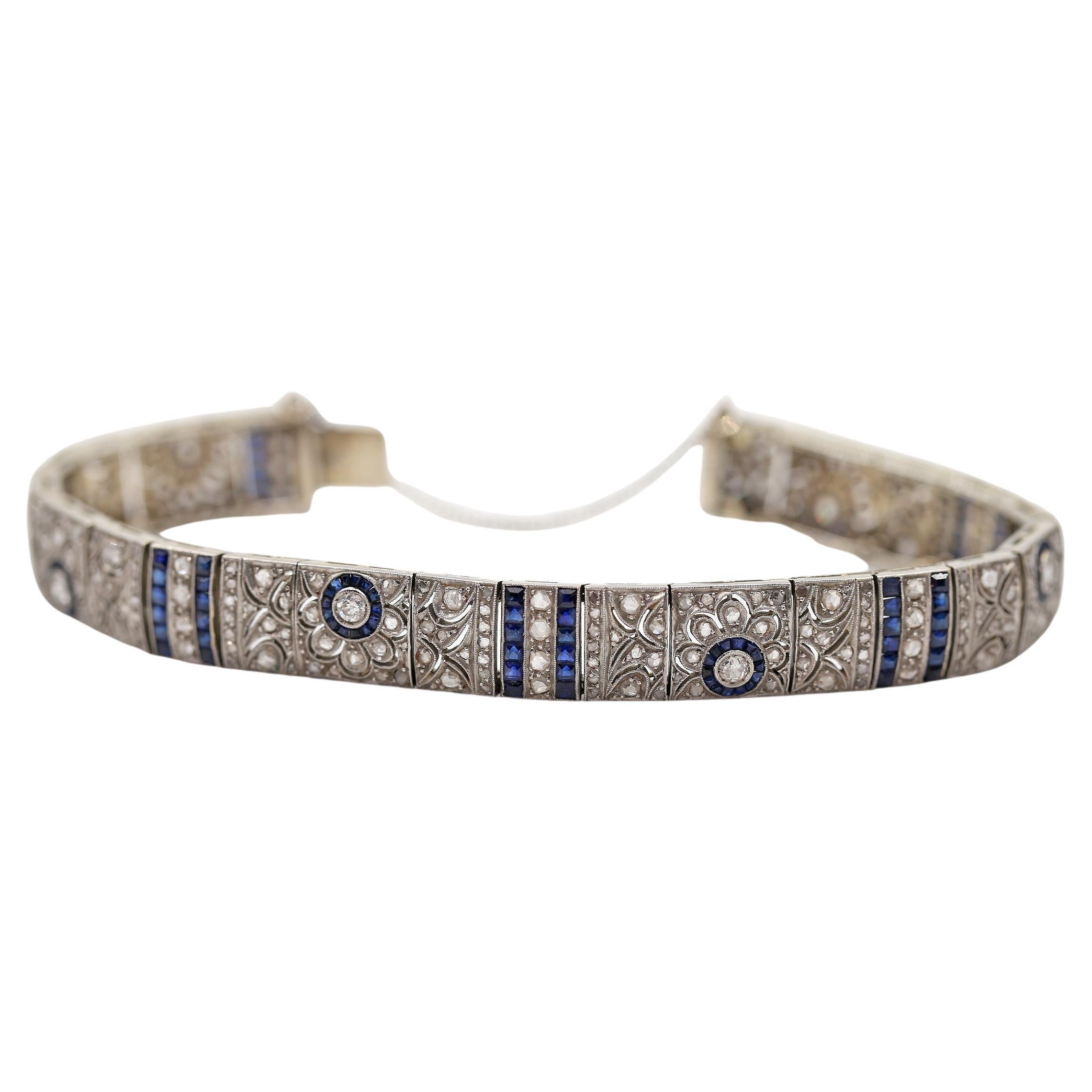 Art Deco Sapphire Diamond Bracelet 18k Gold, 1890 In Good Condition For Sale In Herzelia, Tel Aviv