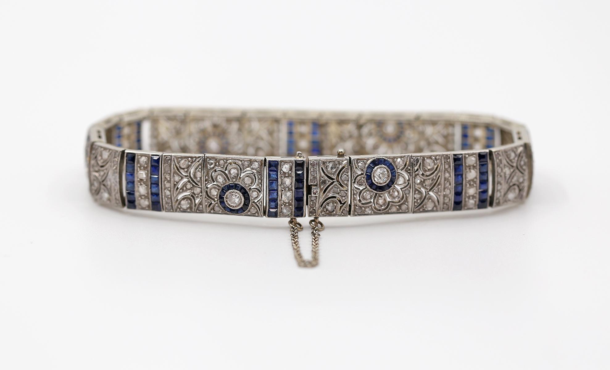 Women's Art Deco Sapphire Diamond Bracelet 18k Gold, 1890 For Sale