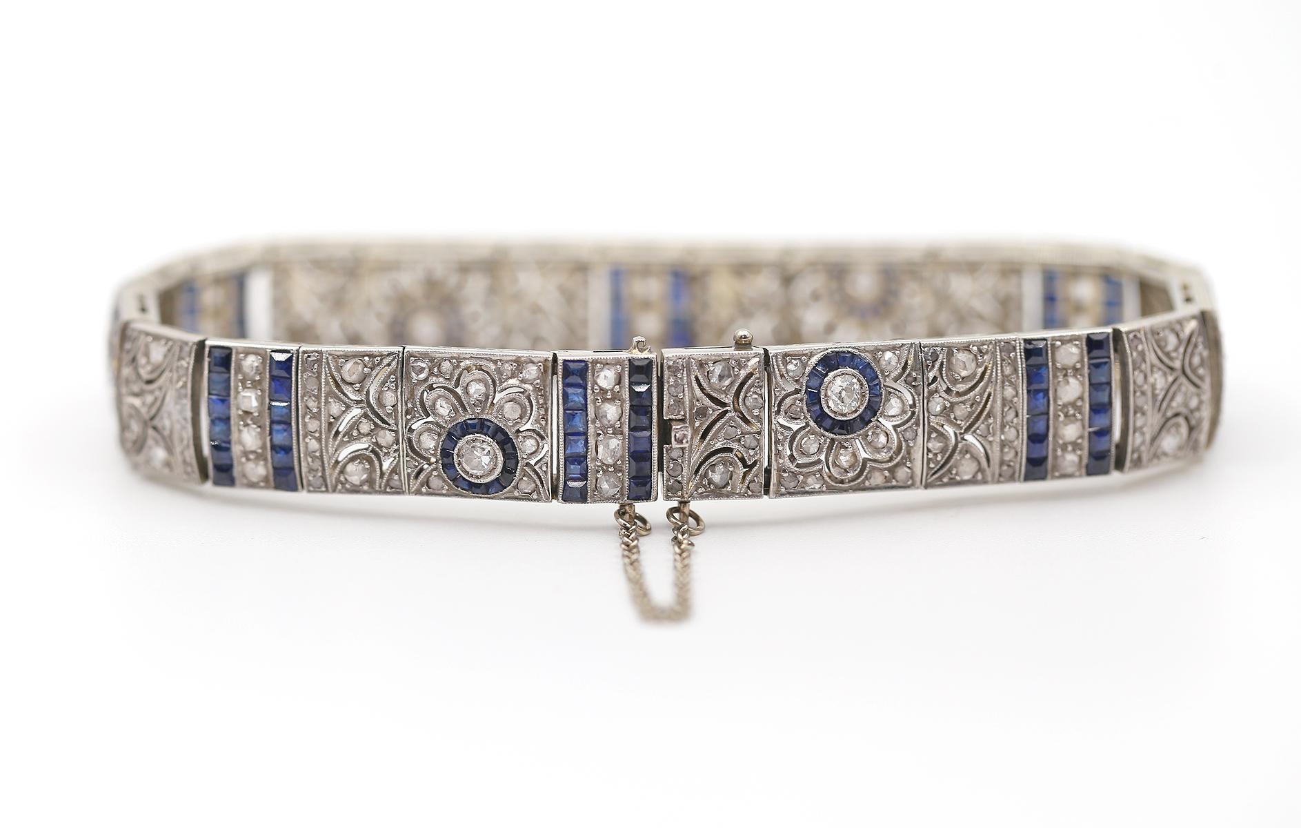 Women's Art Deco Sapphire Diamond Bracelet 18k Gold, 1890 For Sale
