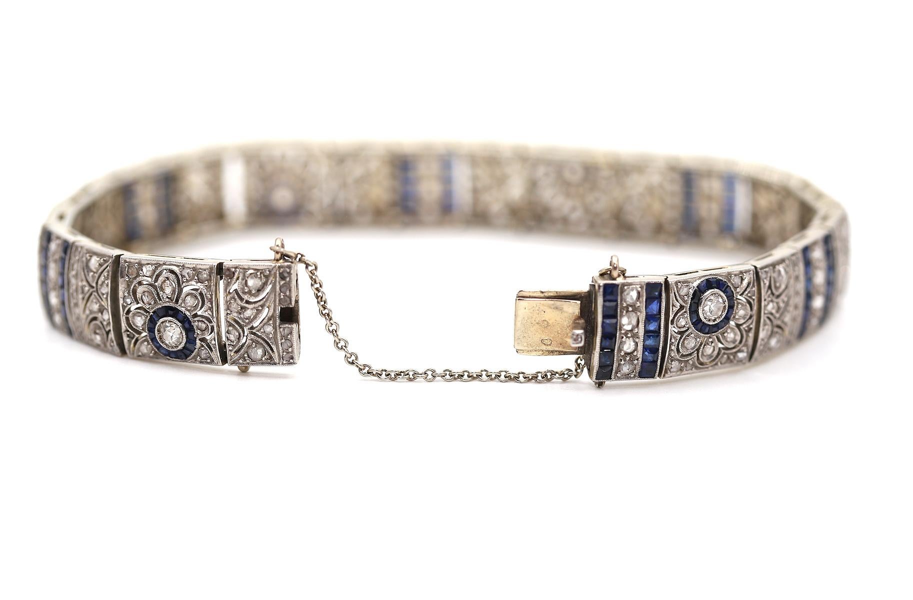 Art Deco Sapphire Diamond Bracelet 18k Gold, 1890 For Sale 3