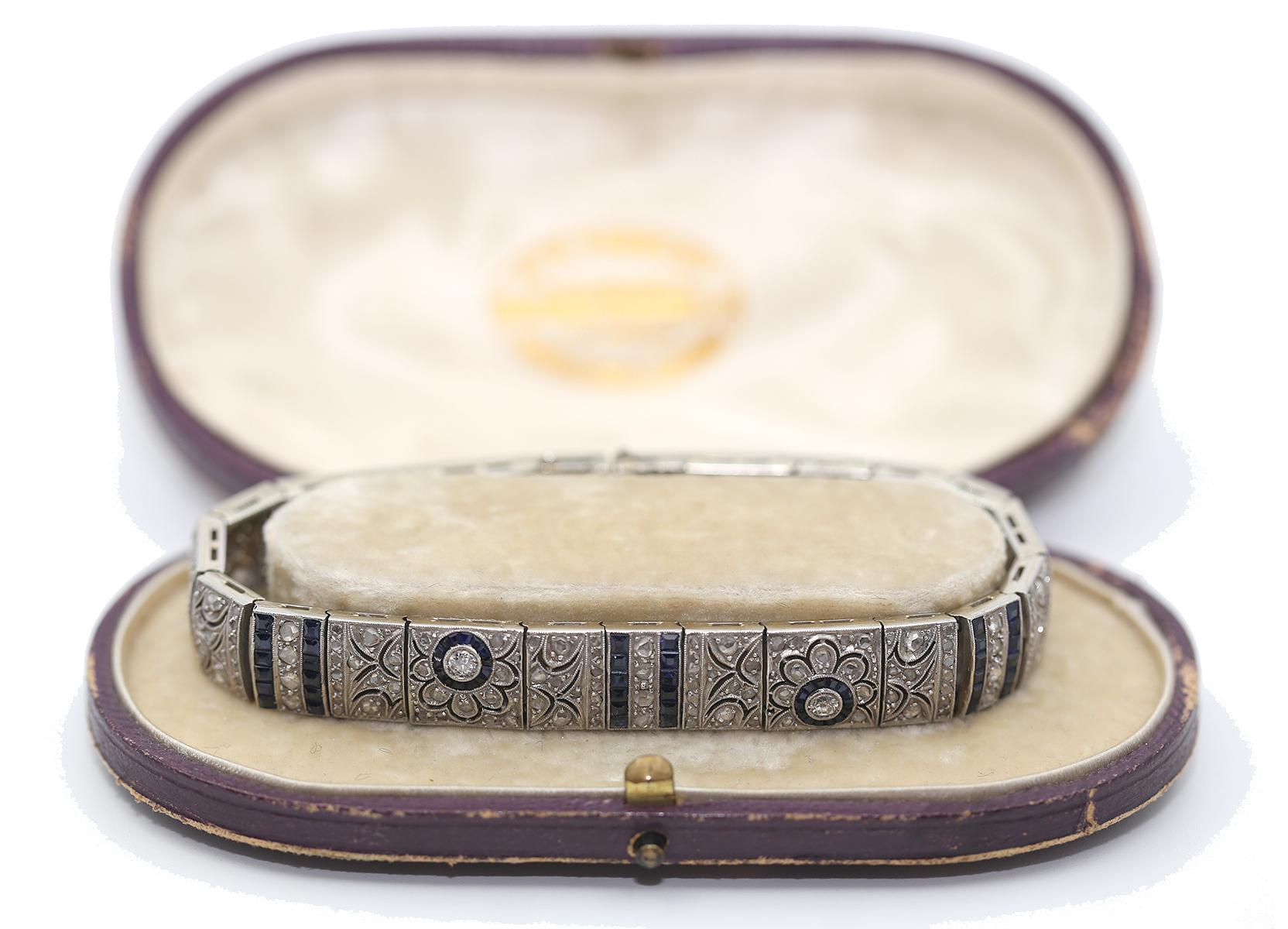 Art Deco Sapphire Diamond Bracelet 18K Gold, 1890 

A truly fine and highly collectable bracelet, it is perfect for special occasions and a great addition to any jewelry collection. 

An Art Deco, French bracelet with floral designs and millegrain