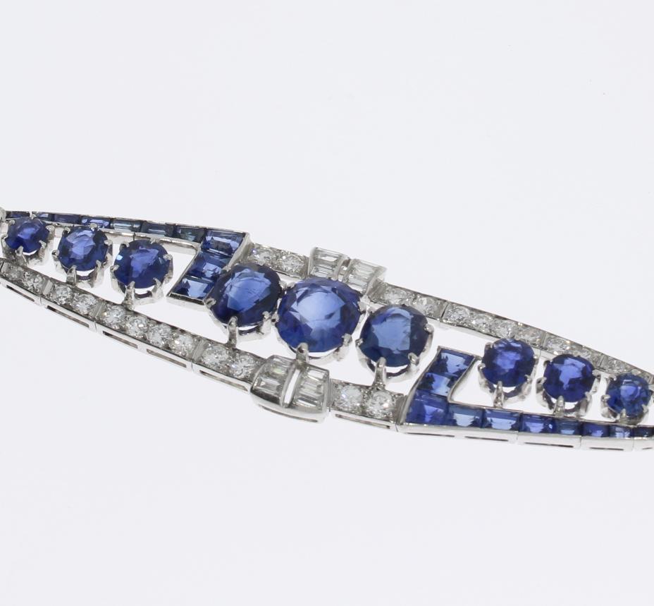 Women's Art Deco Sapphire Diamond Bracelet in Platinum and White Gold For Sale