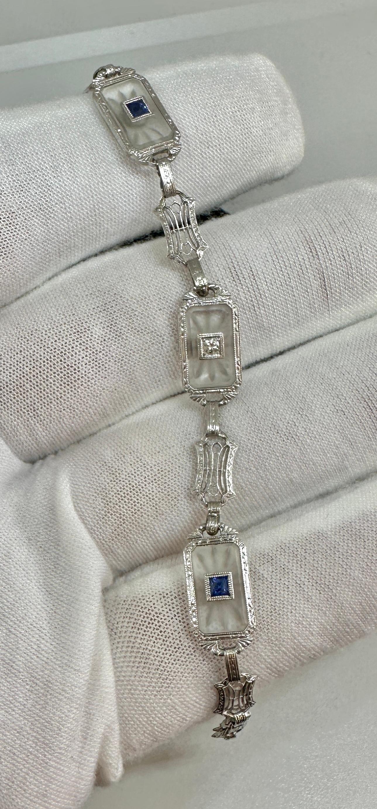 Art Deco Sapphire Diamond Bracelet Rock Crystal 18 Karat White Gold Filigree In Excellent Condition For Sale In New York, NY