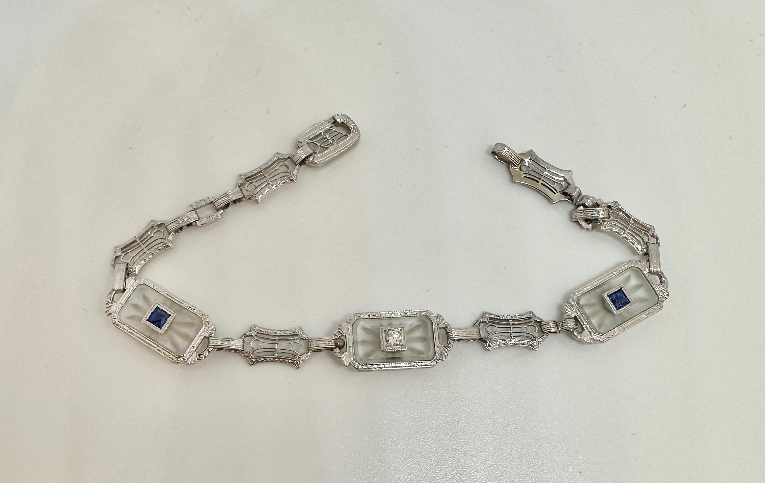 Women's Art Deco Sapphire Diamond Bracelet Rock Crystal 18 Karat White Gold Filigree For Sale