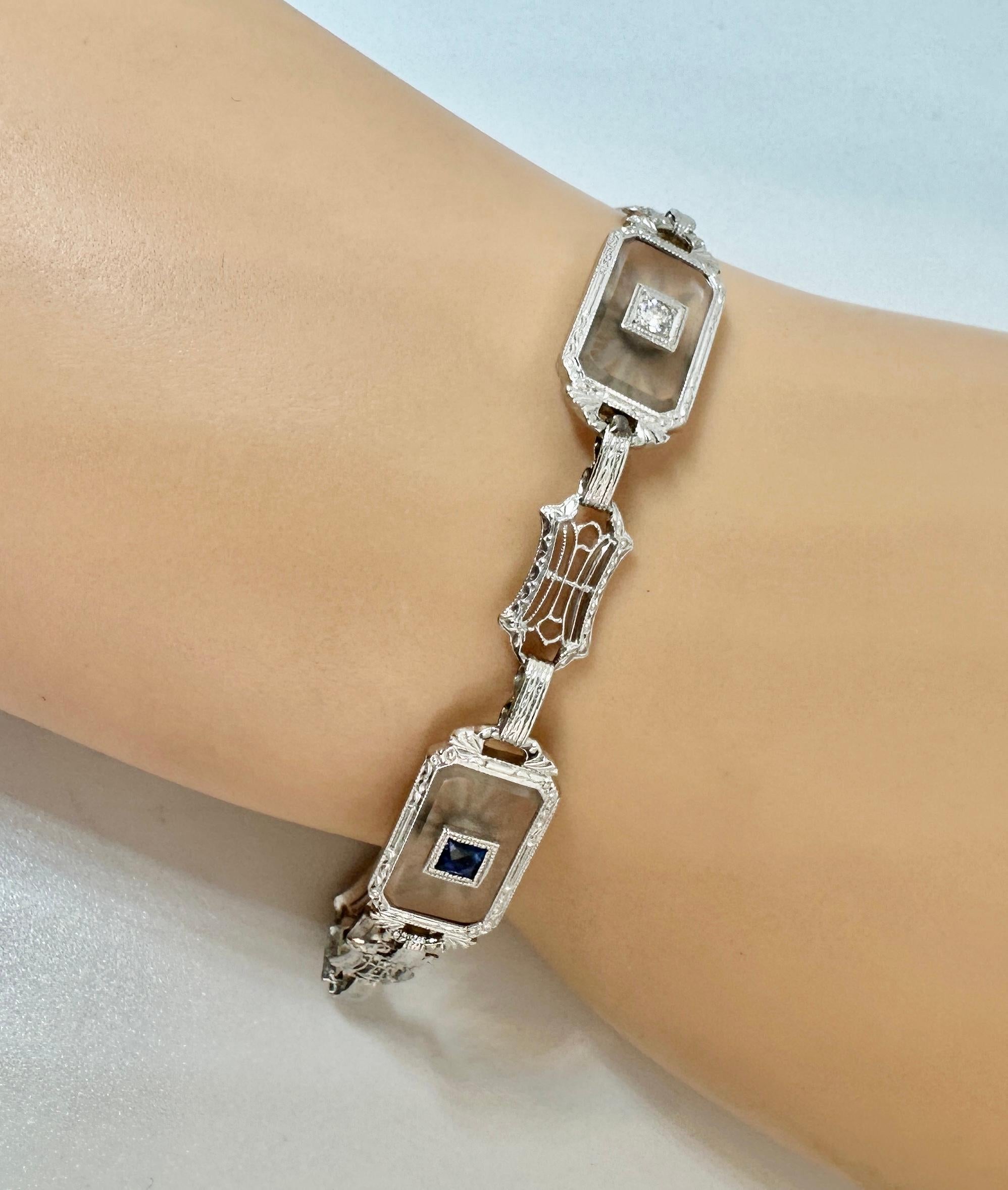 Art Deco Sapphire Diamond Bracelet Rock Crystal 18 Karat White Gold Filigree For Sale 1
