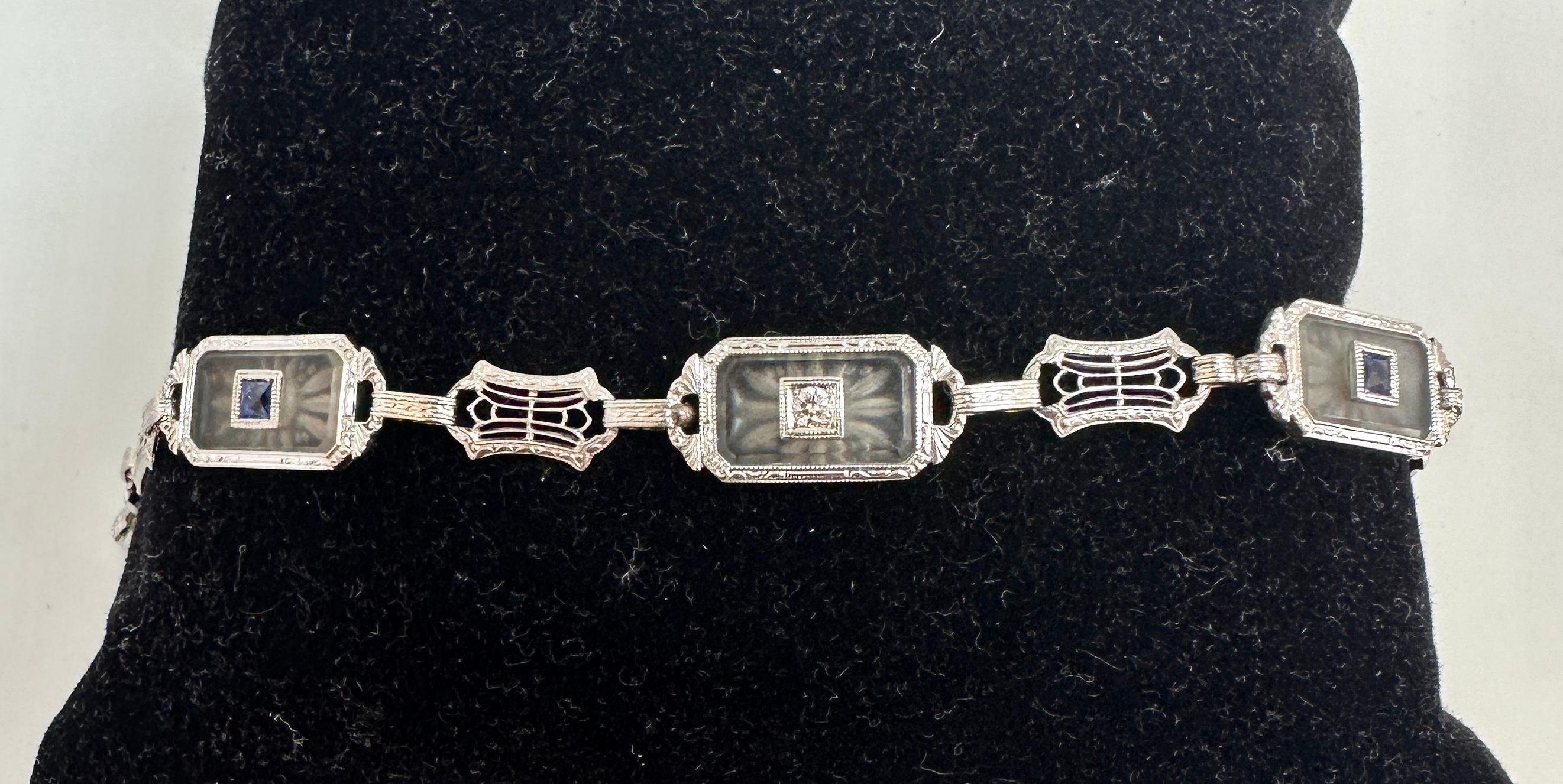 Art Deco Sapphire Diamond Bracelet Rock Crystal 18 Karat White Gold Filigree For Sale 2
