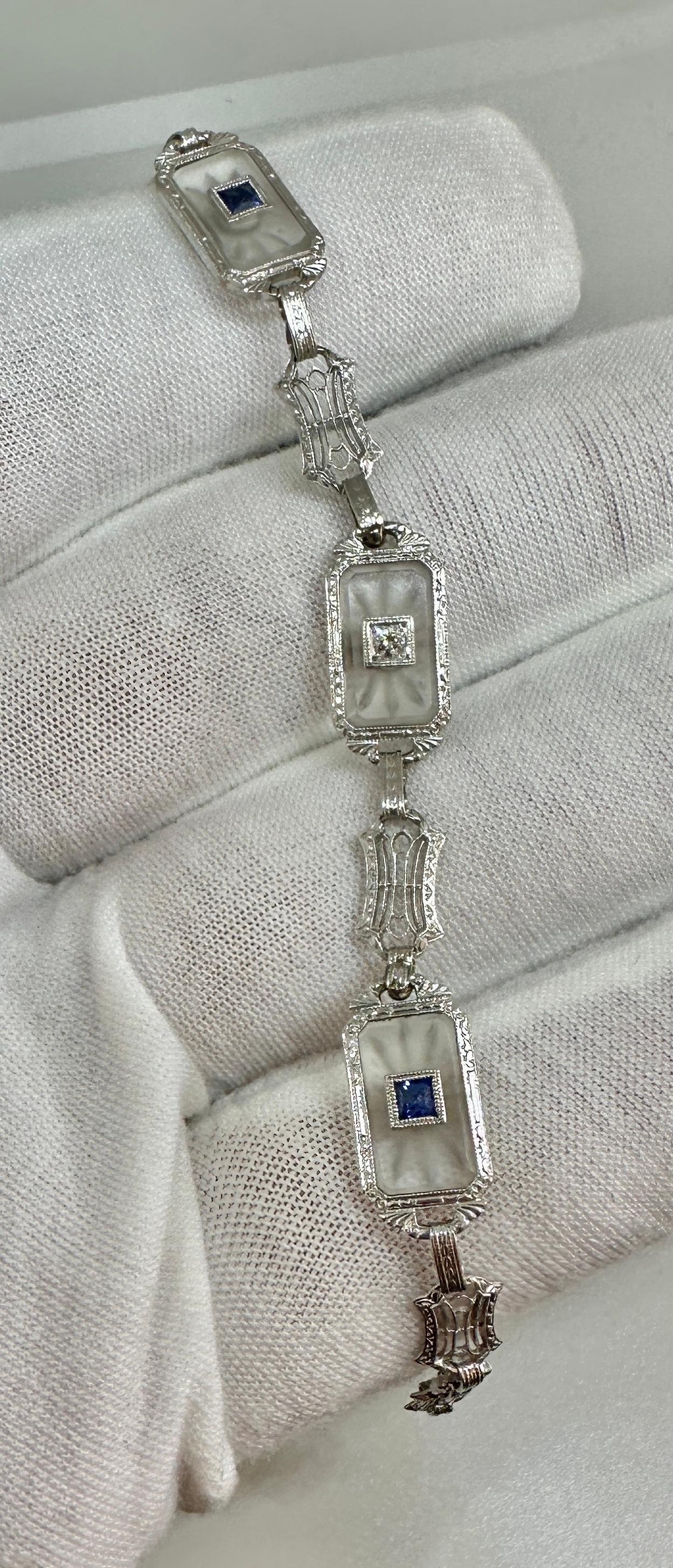 Art Deco Sapphire Diamond Bracelet Rock Crystal 18 Karat White Gold Filigree For Sale 3