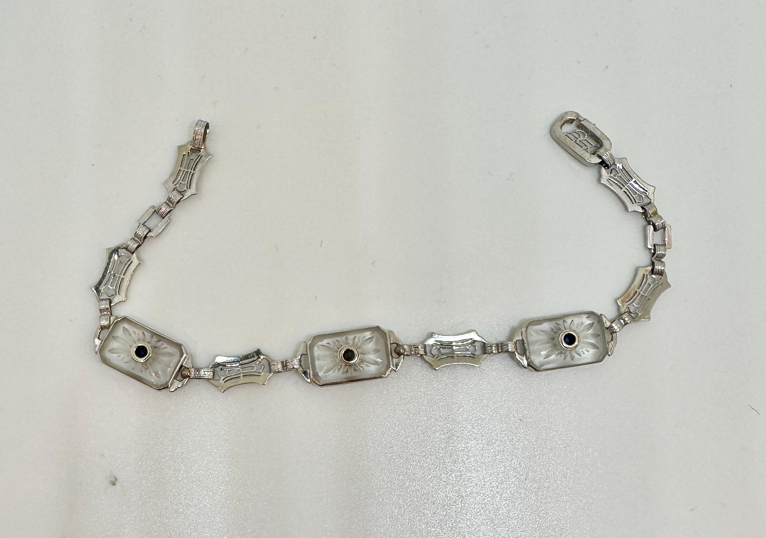 Art Deco Sapphire Diamond Bracelet Rock Crystal 18 Karat White Gold Filigree For Sale 4