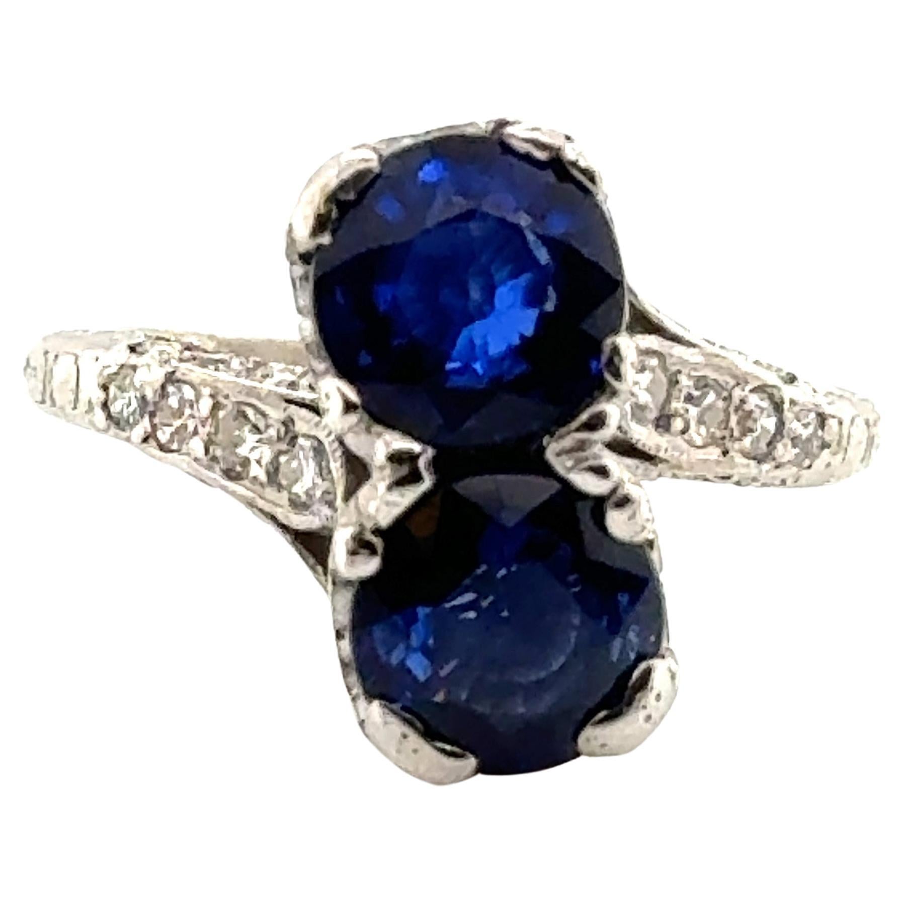 Art Deco Sapphire Diamond Bypass Ring 3.14ct Platinum Antique Original 1920's