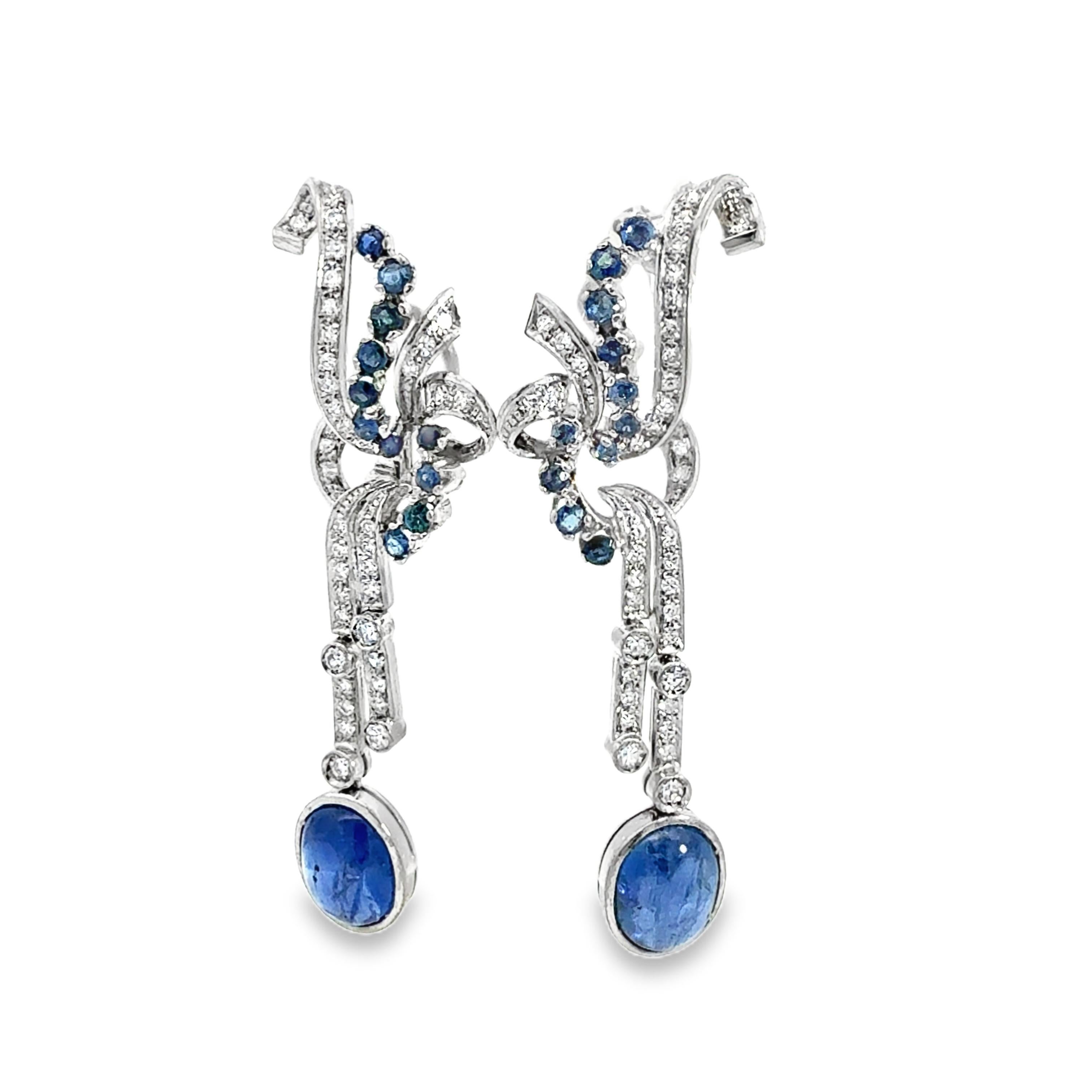 Boucles d'oreilles chandelier Art Déco en saphir et diamant, or blanc 18 carats en vente 3