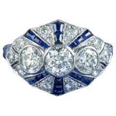Antique Art Deco Sapphire Diamond Cluster Ring 2ct of Diamond