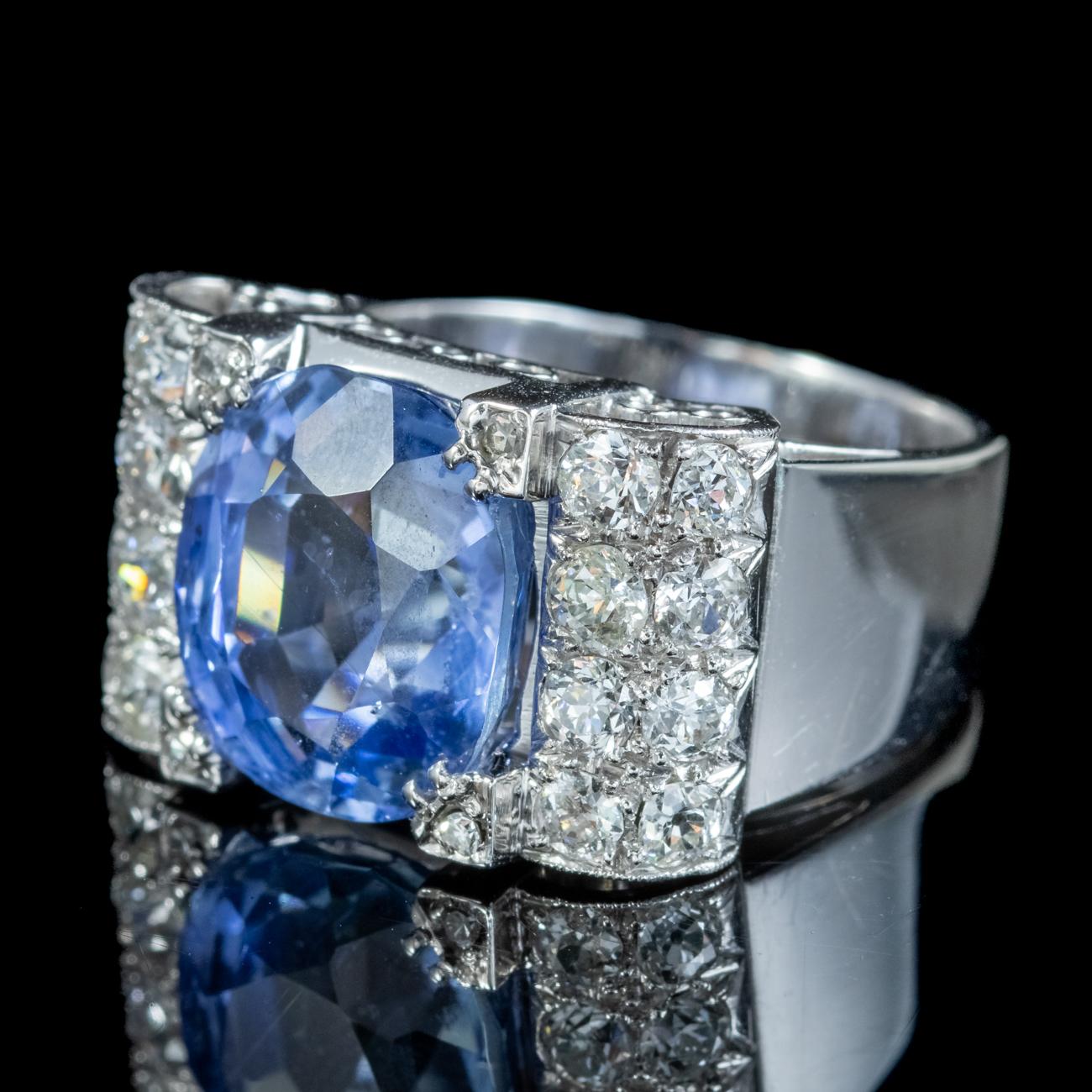 Cushion Cut Art Deco Sapphire Diamond Cocktail Ring 6ct Sapphire with Cert For Sale