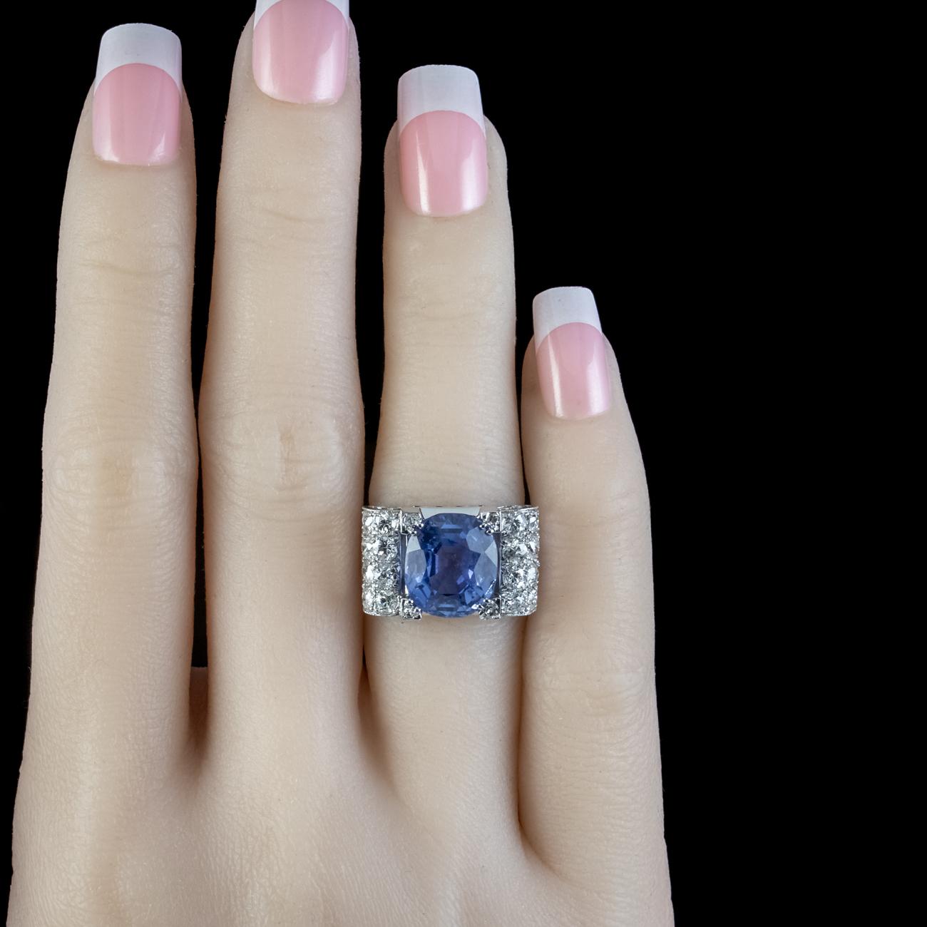 Art Deco Sapphire Diamond Cocktail Ring 6ct Sapphire with Cert For Sale 2