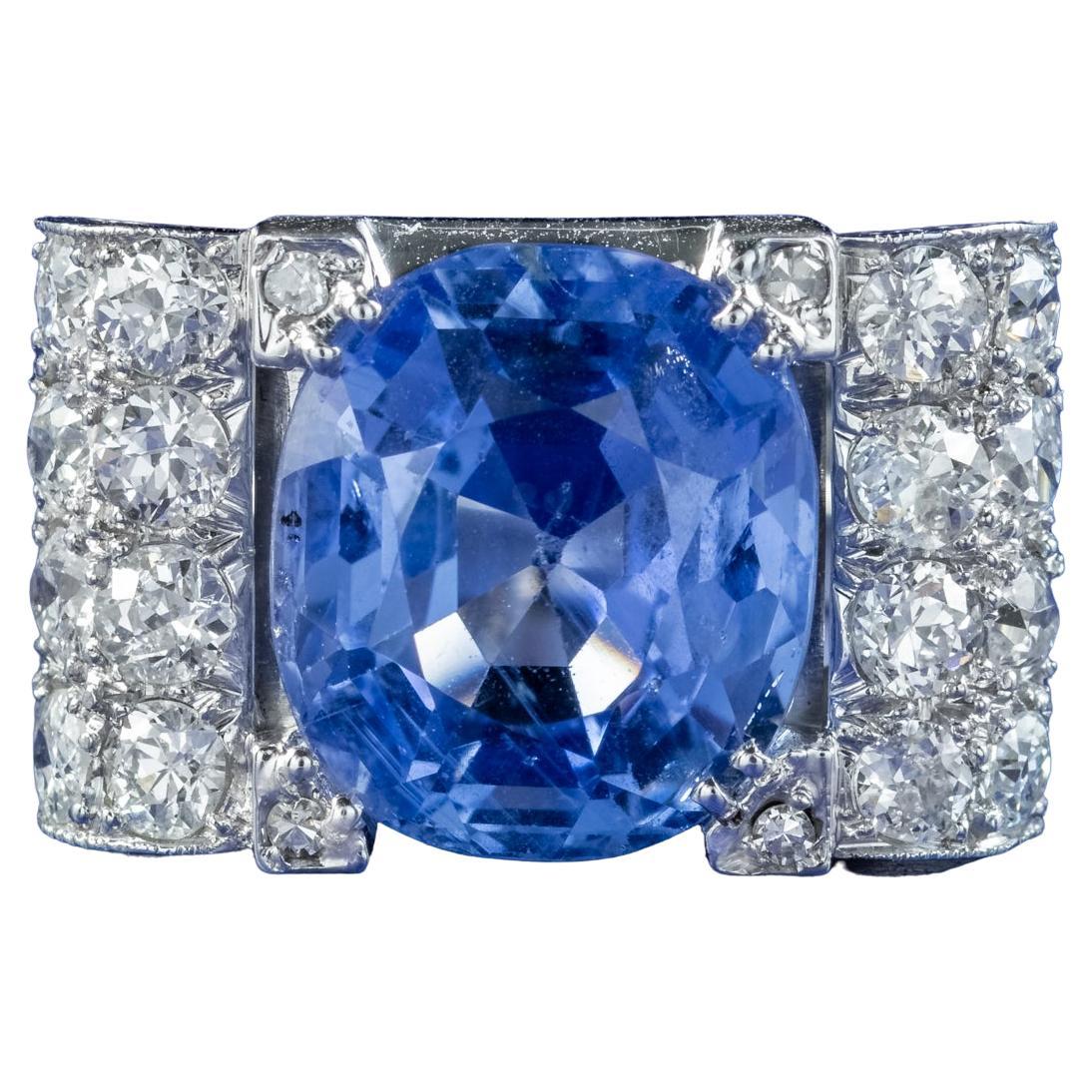 Art Deco Sapphire Diamond Cocktail Ring 6ct Sapphire with Cert For Sale