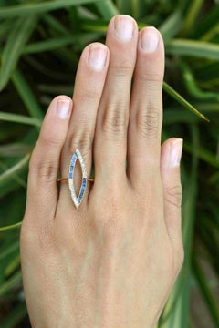 Art Deco Sapphire Diamond Cocktail Ring Long Navette 2 Tone 18k Platinum Open