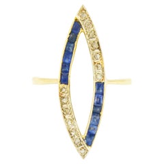 Art Deco Sapphire Diamond Cocktail Ring Long Navette 2 Tone 18k Platinum Open