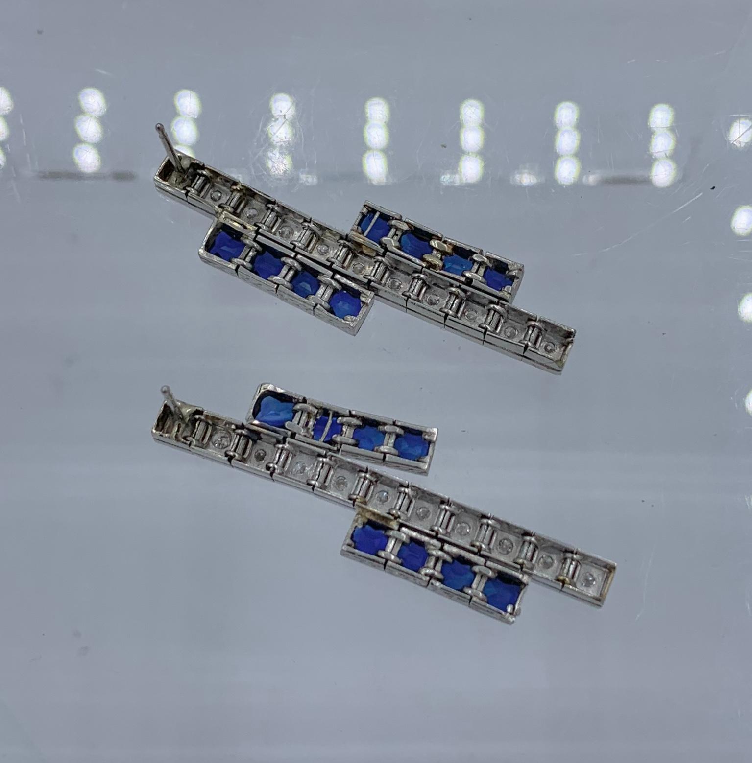 Art Deco Sapphire Diamond Dangle Drop Earrings Articulated 14 Karat White Gold 2