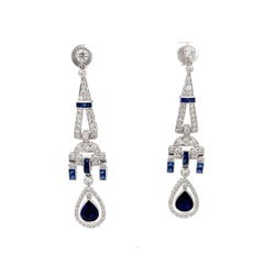 Art Deco Style Sapphire & Diamond Dangle Earrings 18K White Gold