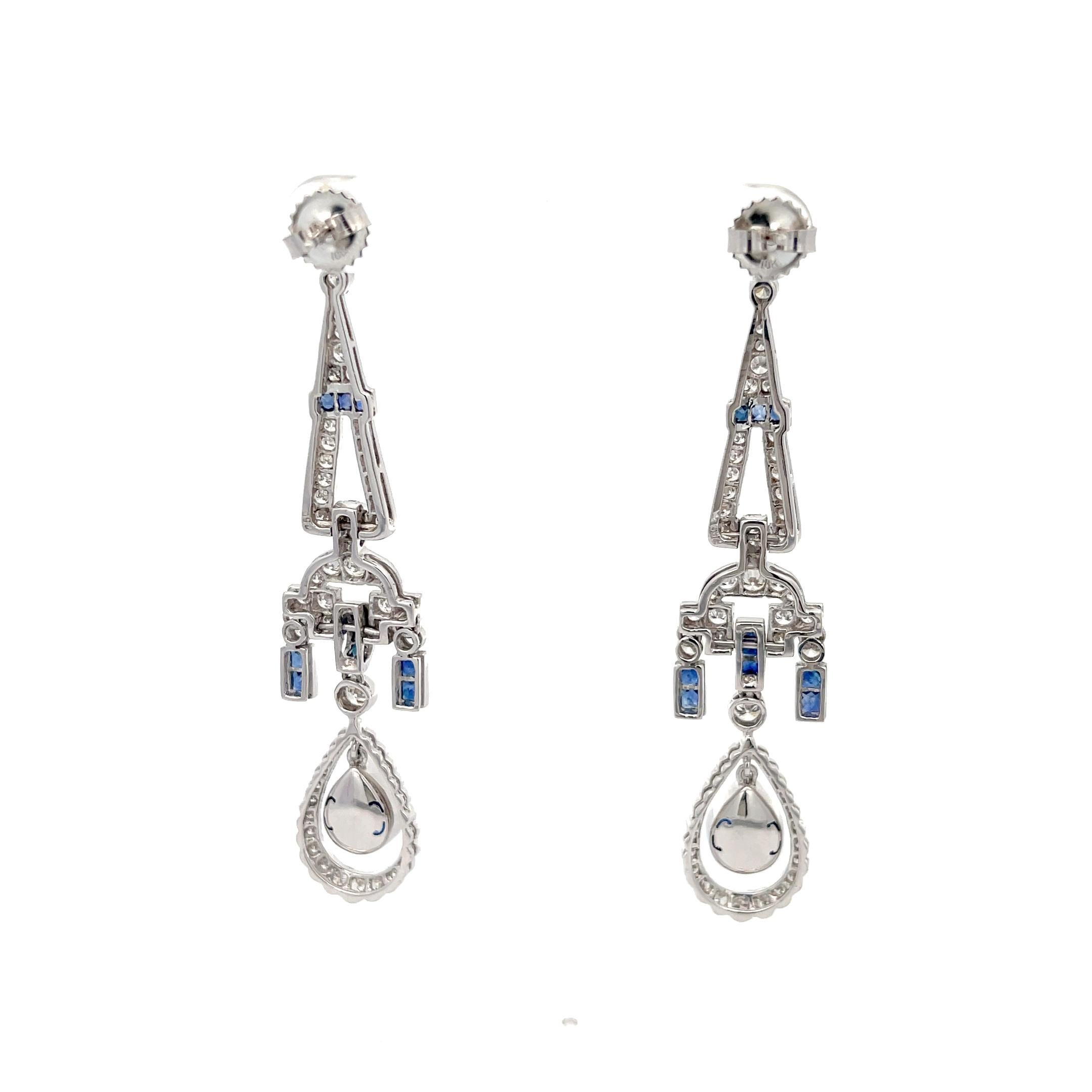 Art Deco Sapphire & Diamond Dangle Earrings 18K White Gold In Excellent Condition For Sale In Dallas, TX