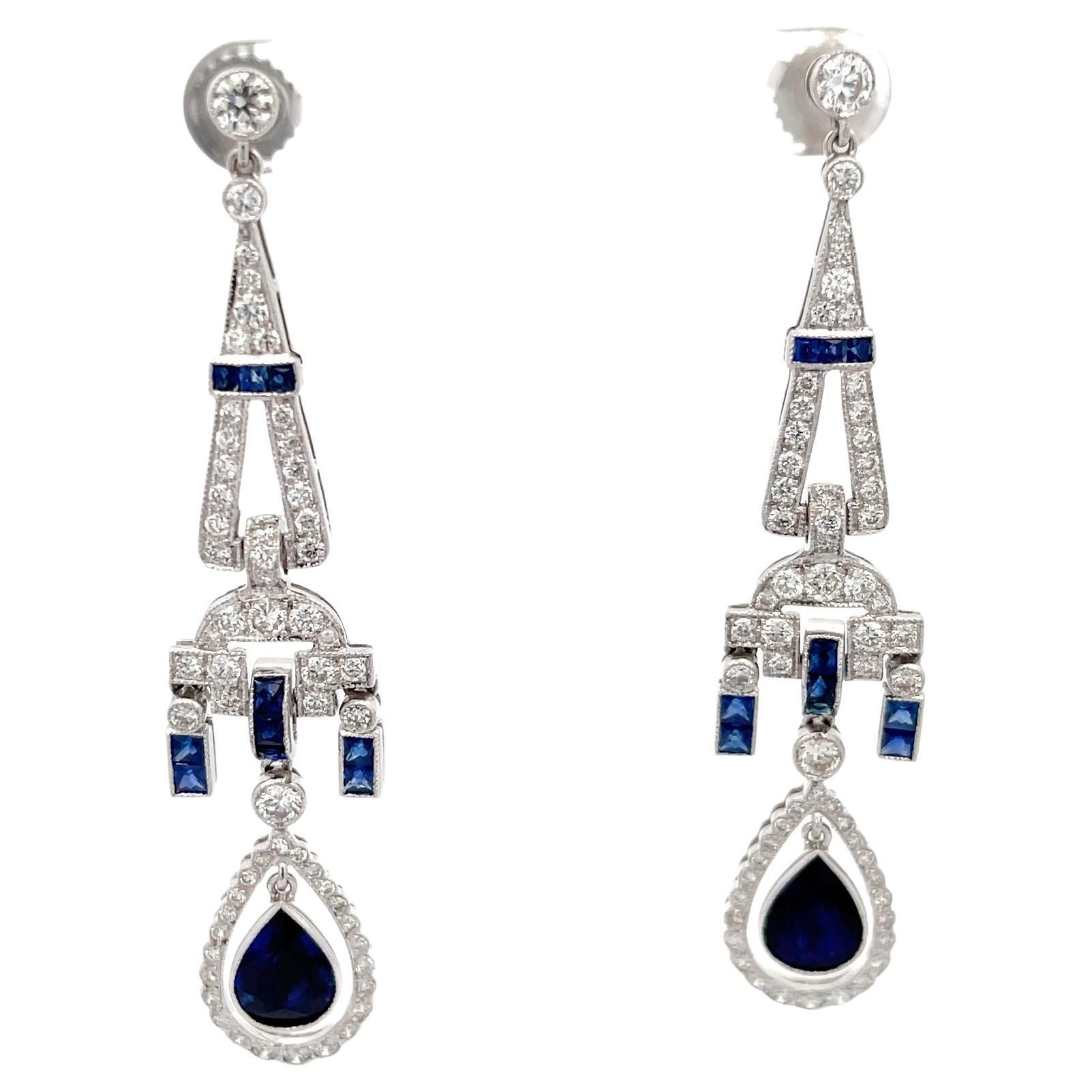 Art Deco Sapphire & Diamond Dangle Earrings 18K White Gold For Sale