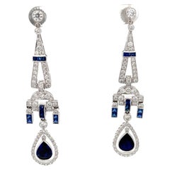 Vintage Art Deco Sapphire & Diamond Dangle Earrings 18K White Gold