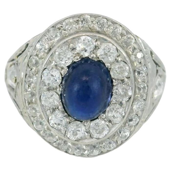 Art Deco Sapphire Diamond Double Halo Ring 14k Platinum ~2.11ctw For Sale