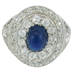 Art Deco Sapphire Diamond Double Halo Ring 14k Platinum ~2.11ctw
