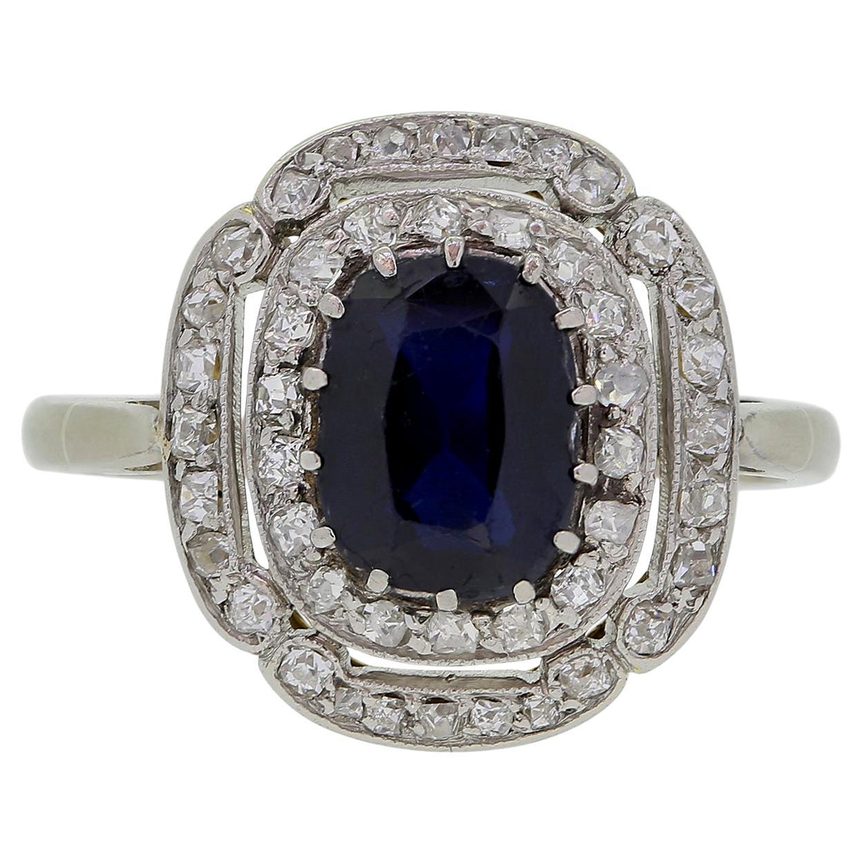 Art Deco Sapphire Diamond Double Halo Ring