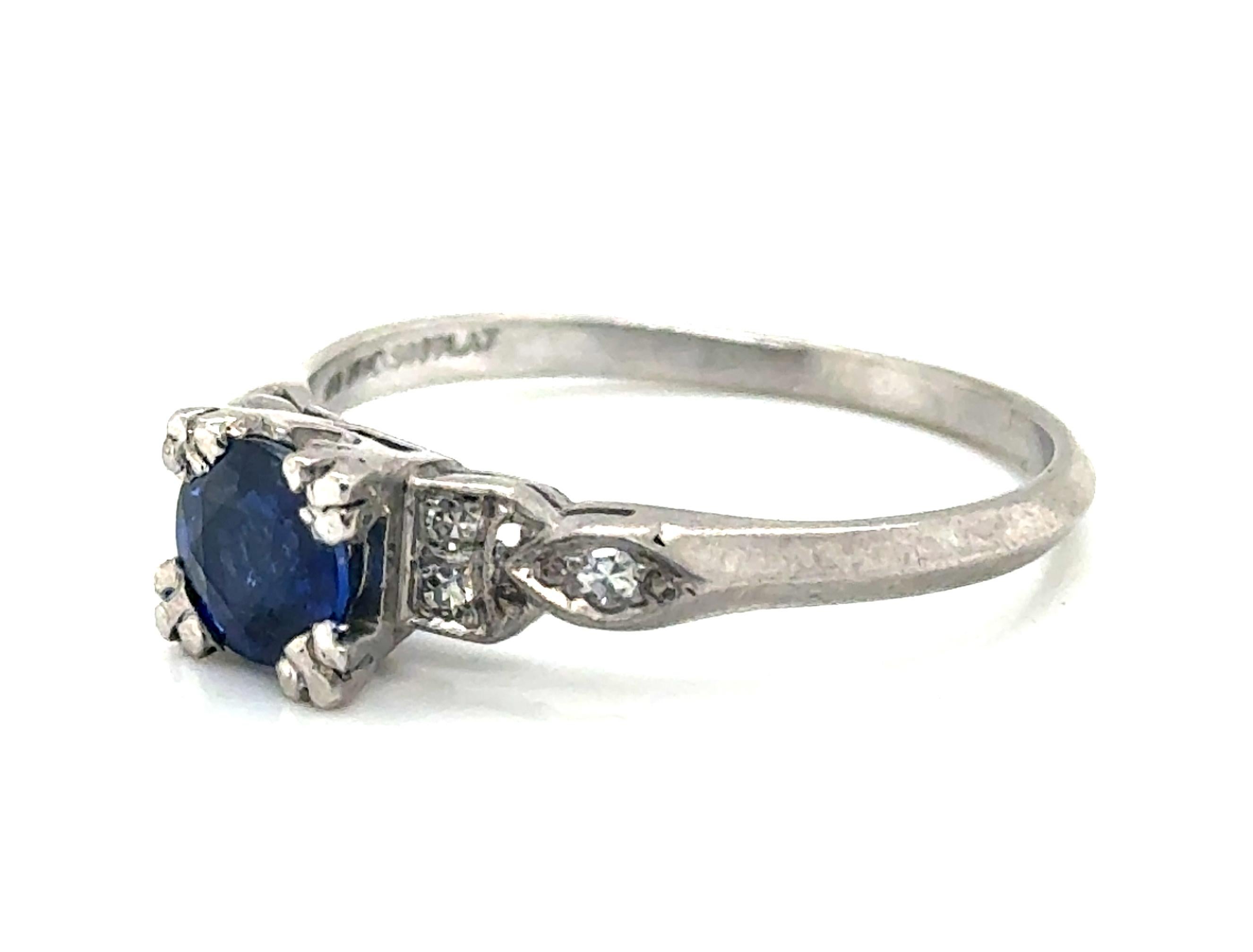 Art Déco Anello Art Deco 1,10ct Zaffiro estratto Diamante Originale 1930's Antique Platinum in vendita
