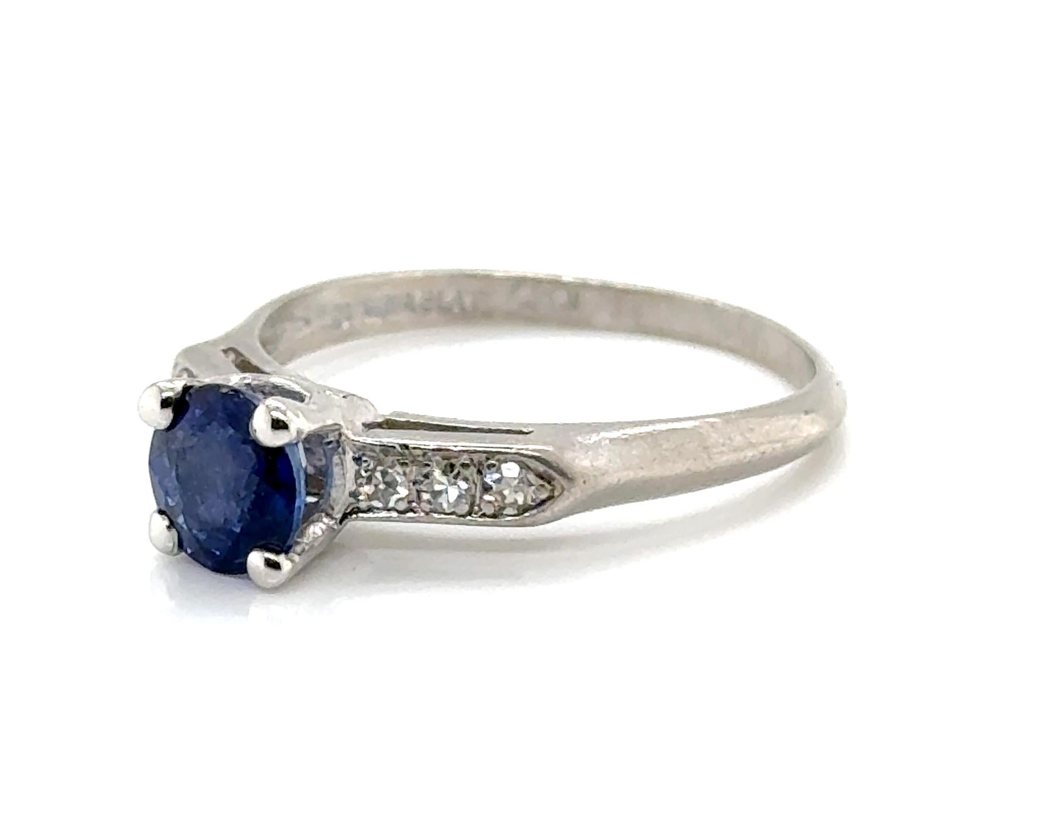 Round Cut Art Deco Sapphire Diamond Engagement Ring 1.12ct Original 1930-1940 Antique Plat