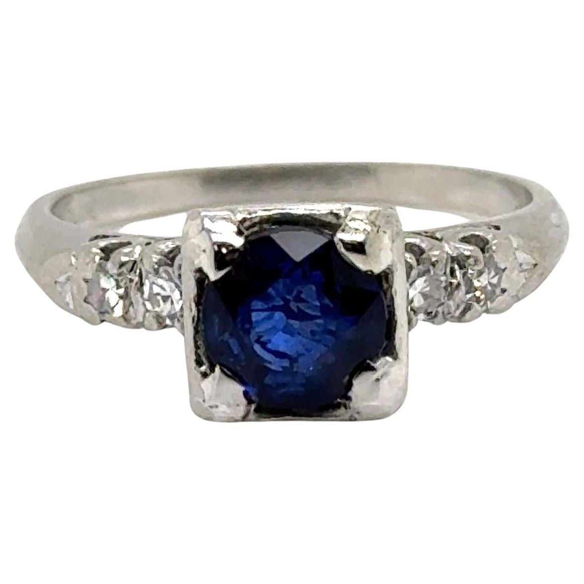 Art Deco Sapphire Diamond Engagement Ring 1.12ct Original 1930's Antique Plat For Sale