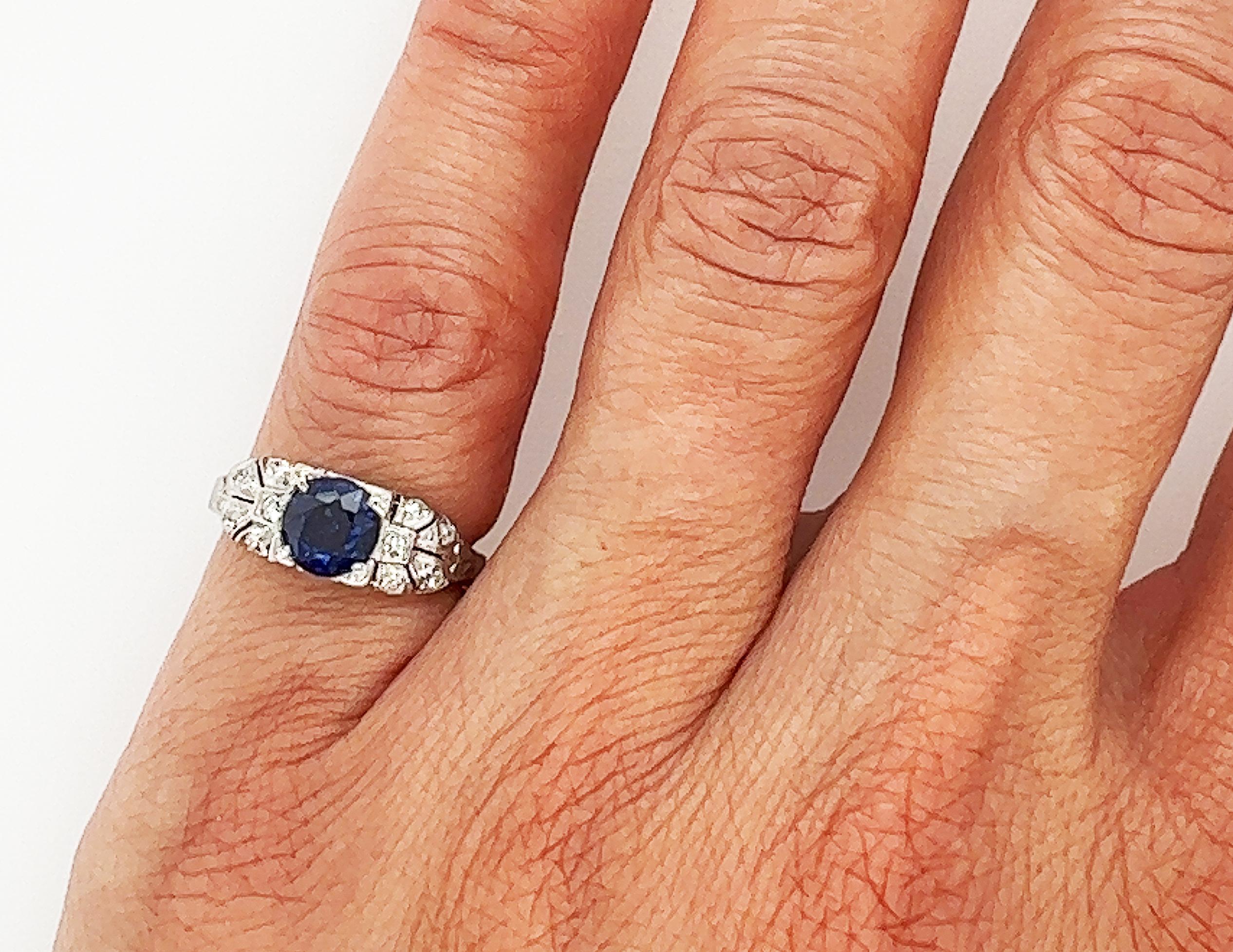 Art Deco Sapphire Diamond Engagement Ring 1.25ct Original 1920s Antique Platinum In Excellent Condition In Dearborn, MI